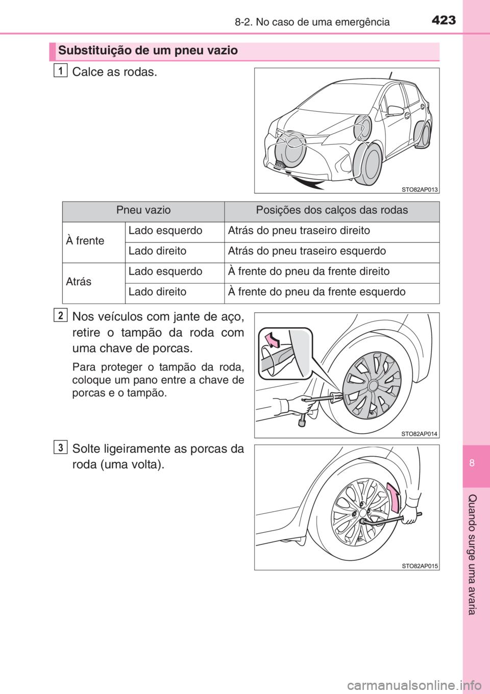 TOYOTA YARIS 2014  Manual de utilização (in Portuguese) 4238-2. No caso de uma emergência
8
Quando surge uma avaria
Calce as rodas.
Nos veículos com jante de aço,
retire o tampão da roda com
uma chave de porcas.
Para proteger o tampão da roda,
coloque