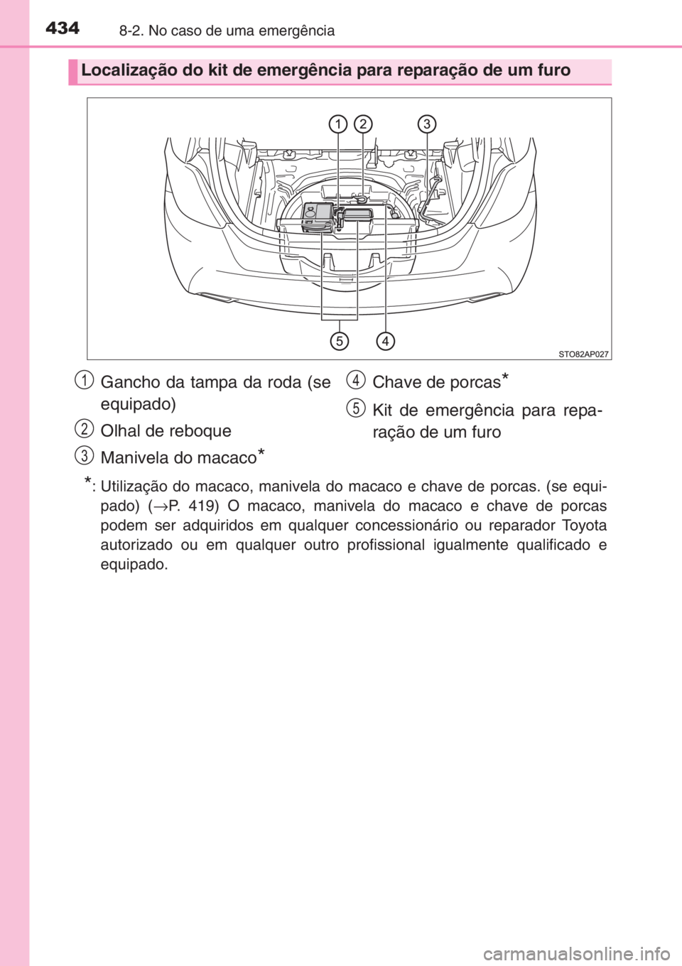 TOYOTA YARIS 2014 Manual de utilização (in Portuguese) 4348-2. No caso de uma emergência
*: Utilização do macaco, manivela do macaco e chave de porcas. (se equi-
pado) (→P. 419) O macaco, manivela do macaco e chave de porcas
podem ser adquiridos em q TOYOTA YARIS 2014 Manual de utilização (in Portuguese) 4348-2. No caso de uma emergência
*: Utilização do macaco, manivela do macaco e chave de porcas. (se equi-
pado) (→P. 419) O macaco, manivela do macaco e chave de porcas
podem ser adquiridos em q