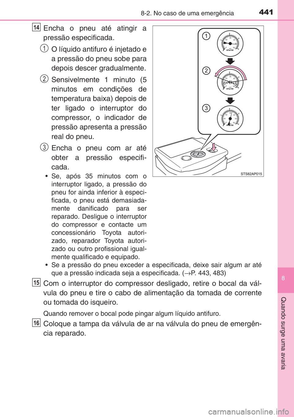 TOYOTA YARIS 2014 Manual de utilização (in Portuguese) 4418-2. No caso de uma emergência
8
Quando surge uma avaria
Encha o pneu até atingir a
pressão especificada.
O líquido antifuro é injetado e
a pressão do pneu sobe para
depois descer gradualment TOYOTA YARIS 2014 Manual de utilização (in Portuguese) 4418-2. No caso de uma emergência
8
Quando surge uma avaria
Encha o pneu até atingir a
pressão especificada.
O líquido antifuro é injetado e
a pressão do pneu sobe para
depois descer gradualment