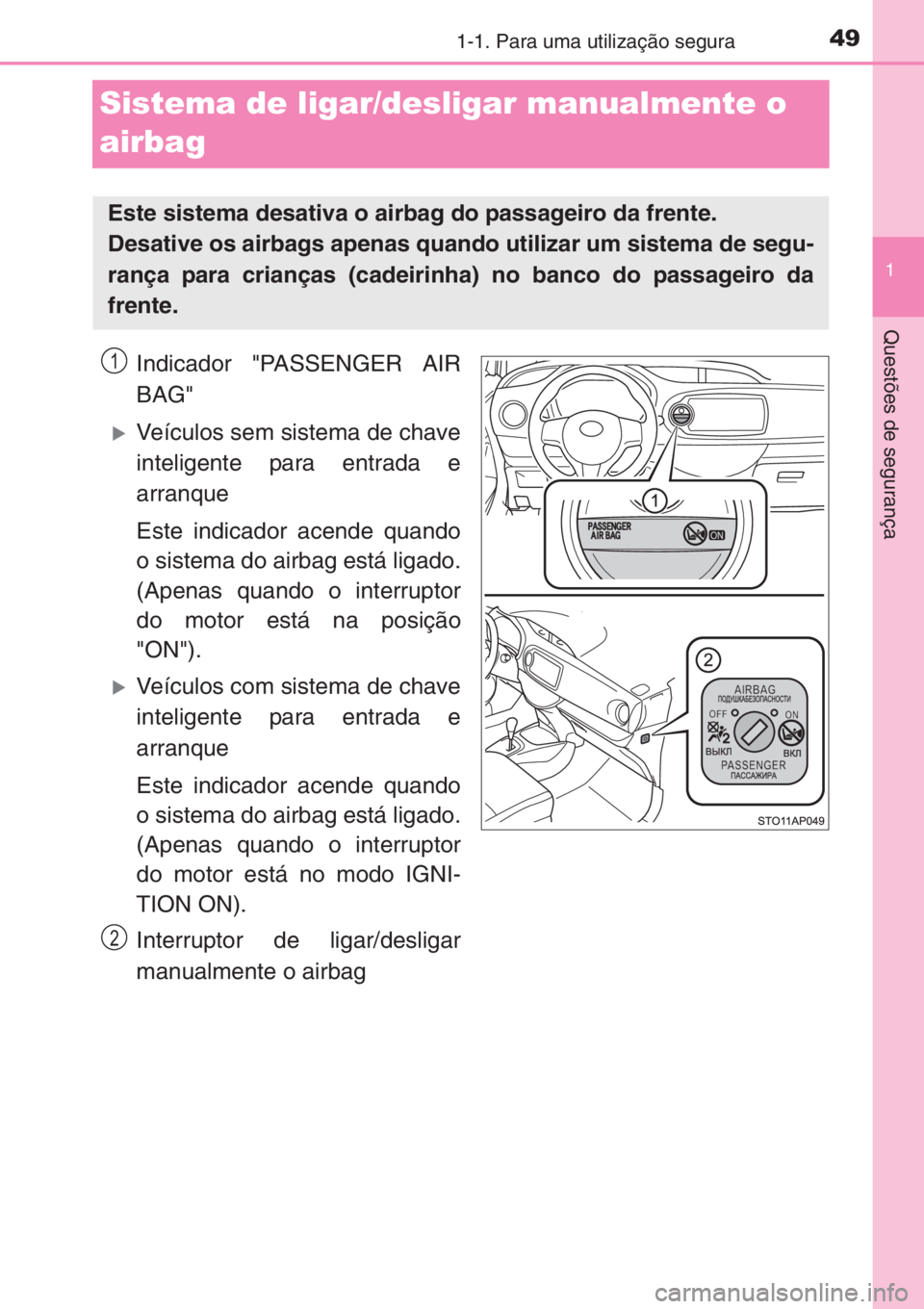 TOYOTA YARIS 2014  Manual de utilização (in Portuguese) 491-1. Para uma utilização segura
1
Questões de segurança
Sistema de ligar/desligar manualmente o 
airbag
Indicador "PASSENGER AIR
BAG"
�XVeículos sem sistema de chave
inteligente para en