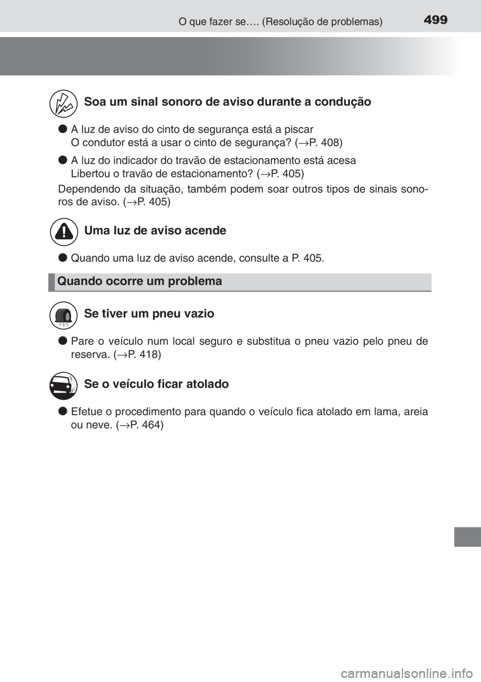 TOYOTA YARIS 2014 Manual de utilização (in Portuguese) 499O que fazer se…. (Resolução de problemas)
●A luz de aviso do cinto de segurança está a piscar
O condutor está a usar o cinto de segurança? (→P. 408)
●A luz do indicador do travão de TOYOTA YARIS 2014 Manual de utilização (in Portuguese) 499O que fazer se…. (Resolução de problemas)
●A luz de aviso do cinto de segurança está a piscar
O condutor está a usar o cinto de segurança? (→P. 408)
●A luz do indicador do travão de
