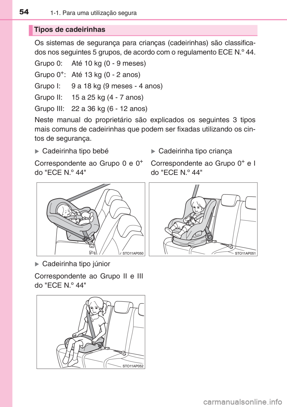 TOYOTA YARIS 2014 Manual de utilização (in Portuguese) 541-1. Para uma utilização segura
Os sistemas de segurança para crianças (cadeirinhas) são classifica-
dos nos seguintes 5 grupos, de acordo com o regulamento ECE N.º 44.
Grupo 0: Até 10 kg (0 TOYOTA YARIS 2014 Manual de utilização (in Portuguese) 541-1. Para uma utilização segura
Os sistemas de segurança para crianças (cadeirinhas) são classifica-
dos nos seguintes 5 grupos, de acordo com o regulamento ECE N.º 44.
Grupo 0: Até 10 kg (0