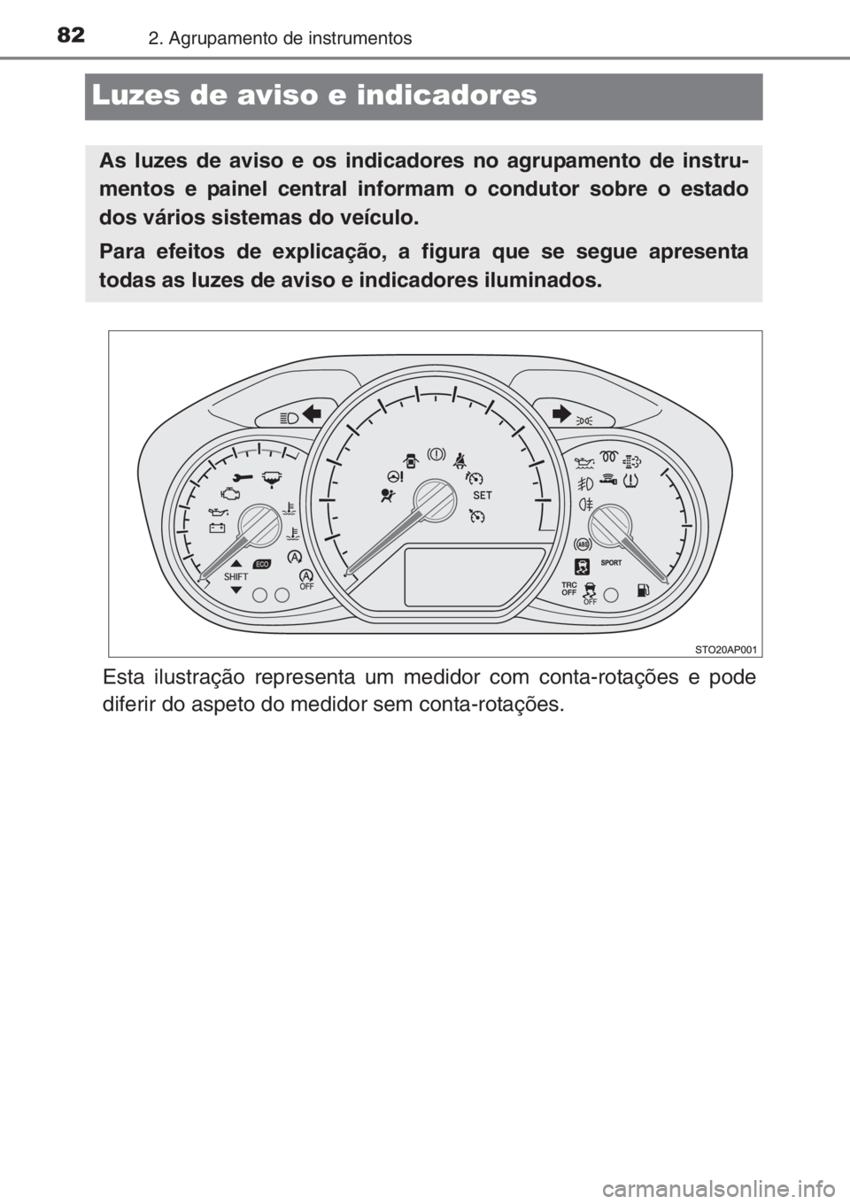 TOYOTA YARIS 2014 Manual de utilização (in Portuguese) 822. Agrupamento de instrumentos
Luzes de aviso e indicadores
Esta ilustração representa um medidor com conta-rotações e pode
diferir do aspeto do medidor sem conta-rotações.
As luzes de aviso e TOYOTA YARIS 2014 Manual de utilização (in Portuguese) 822. Agrupamento de instrumentos
Luzes de aviso e indicadores
Esta ilustração representa um medidor com conta-rotações e pode
diferir do aspeto do medidor sem conta-rotações.
As luzes de aviso e