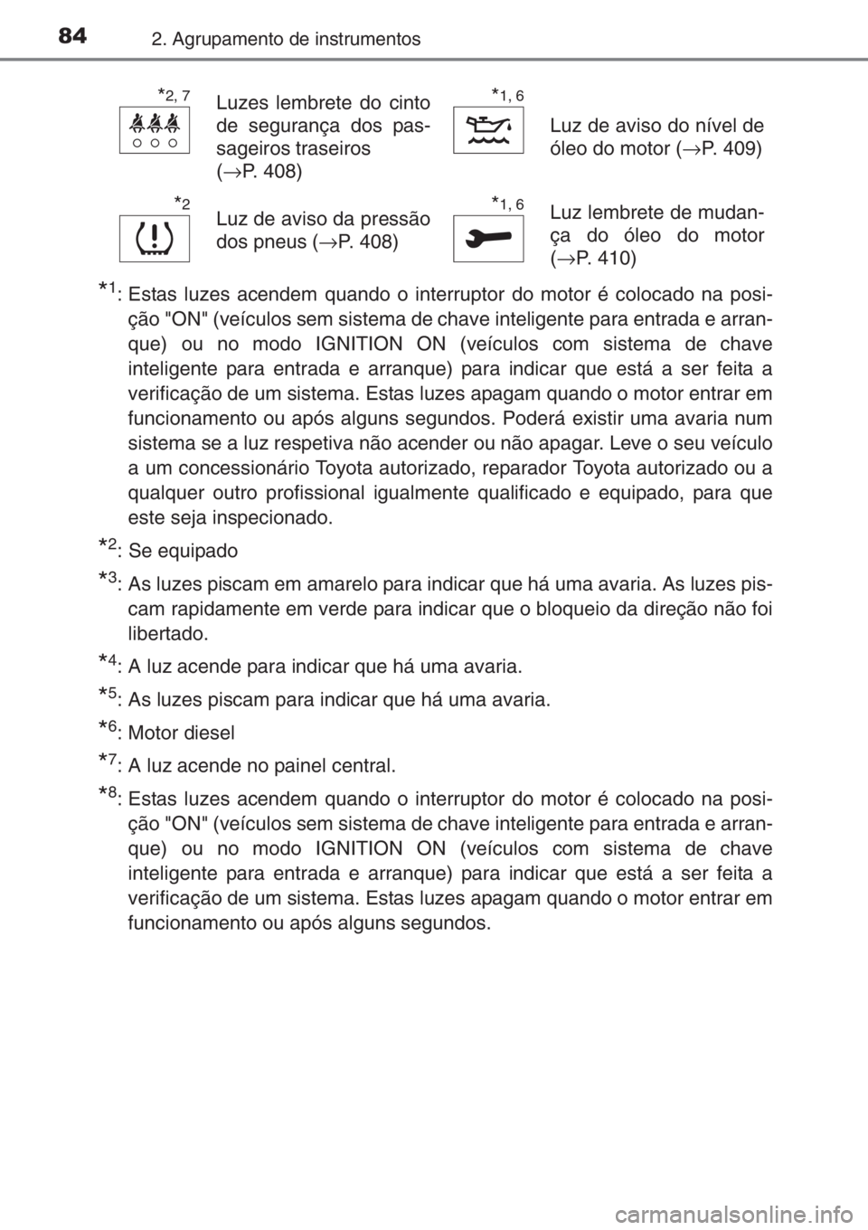 TOYOTA YARIS 2014 Manual de utilização (in Portuguese) 842. Agrupamento de instrumentos
*1: Estas luzes acendem quando o interruptor do motor é colocado na posi-
ção "ON" (veículos sem sistema de chave inteligente para entrada e arran-
que) ou TOYOTA YARIS 2014 Manual de utilização (in Portuguese) 842. Agrupamento de instrumentos
*1: Estas luzes acendem quando o interruptor do motor é colocado na posi-
ção "ON" (veículos sem sistema de chave inteligente para entrada e arran-
que) ou