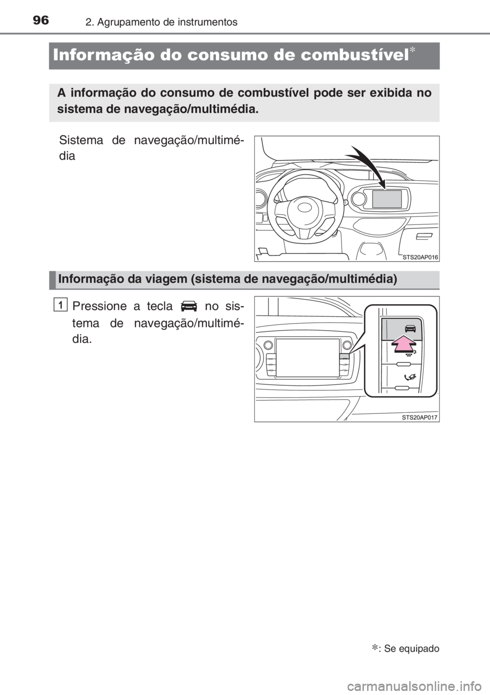 TOYOTA YARIS 2014 Manual de utilização (in Portuguese) 962. Agrupamento de instrumentos
Informação do consumo de combustível∗
Sistema de navegação/multimé-
dia
Pressione a tecla no sis-
tema de navegação/multimé-
dia.
∗: Se equipado
A infor TOYOTA YARIS 2014 Manual de utilização (in Portuguese) 962. Agrupamento de instrumentos
Informação do consumo de combustível∗
Sistema de navegação/multimé-
dia
Pressione a tecla no sis-
tema de navegação/multimé-
dia.
∗: Se equipado
A infor