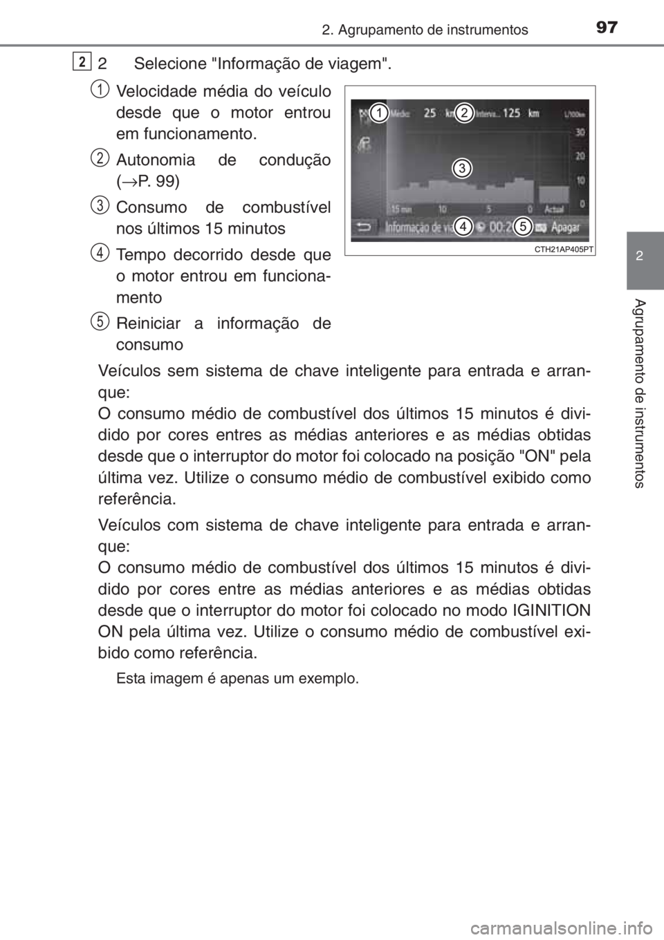 TOYOTA YARIS 2014 Manual de utilização (in Portuguese) 972. Agrupamento de instrumentos
2
Agrupamento de instrumentos
2 Selecione "Informação de viagem".
Velocidade média do veículo
desde que o motor entrou
em funcionamento.
Autonomia de condu TOYOTA YARIS 2014 Manual de utilização (in Portuguese) 972. Agrupamento de instrumentos
2
Agrupamento de instrumentos
2 Selecione "Informação de viagem".
Velocidade média do veículo
desde que o motor entrou
em funcionamento.
Autonomia de condu