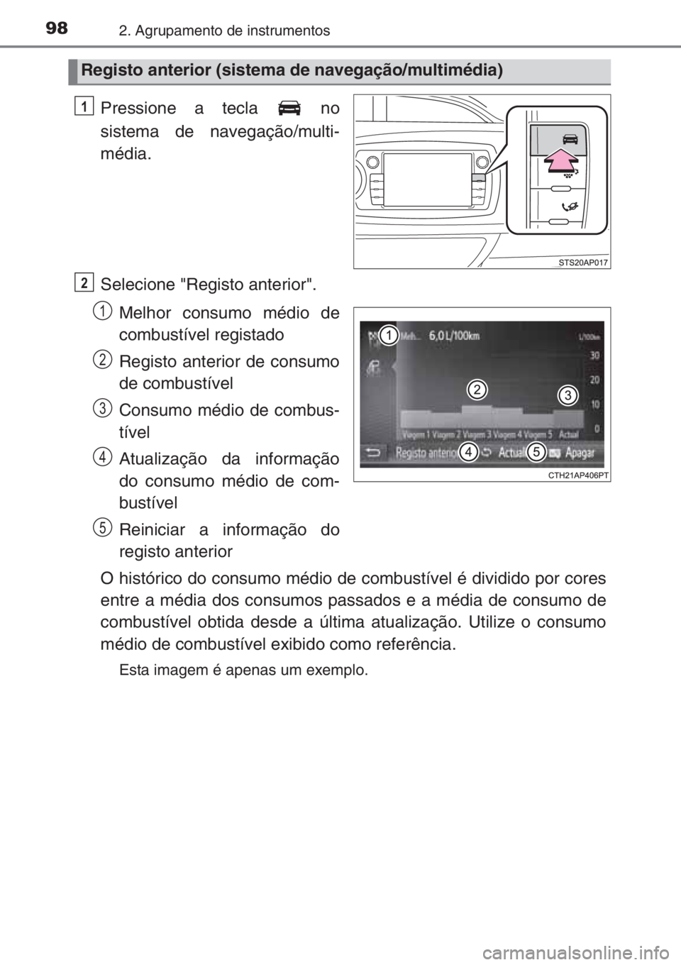 TOYOTA YARIS 2014 Manual de utilização (in Portuguese) 982. Agrupamento de instrumentos
Pressione a tecla no
sistema de navegação/multi-
média.
Selecione "Registo anterior".
Melhor consumo médio de
combustível registado
Registo anterior de TOYOTA YARIS 2014 Manual de utilização (in Portuguese) 982. Agrupamento de instrumentos
Pressione a tecla no
sistema de navegação/multi-
média.
Selecione "Registo anterior".
Melhor consumo médio de
combustível registado
Registo anterior de