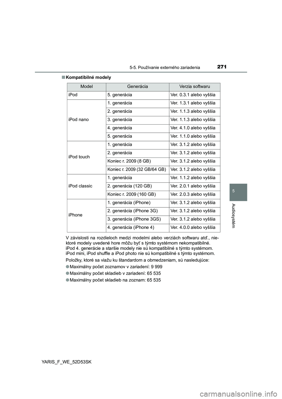 TOYOTA YARIS HATCHBACK 2014  Návod na použitie (in Slovakian) 2715-5. Používanie externého zariadenia
5
Audiosystém
YARIS_F_WE_52D53SK■
Kompatibilné modely
V závislosti na rozdieloch medzi modelmi alebo verziách softwaru at ď., nie-
ktoré modely uvede