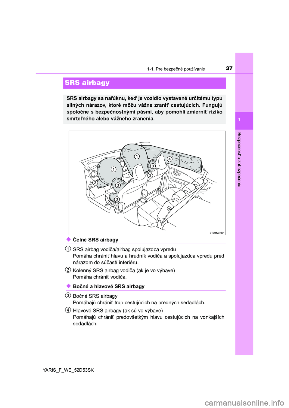 TOYOTA YARIS HATCHBACK 2014  Návod na použitie (in Slovakian) 371-1. Pre bezpečné používanie
1
Bezpečnosť a zabezpečenie
YARIS_F_WE_52D53SK
SRS airbagy
◆Č elné SRS airbagy
SRS airbag vodi ča/airbag spolujazdca vpredu
Pomáha chráni ť hlavu a hrudn�
