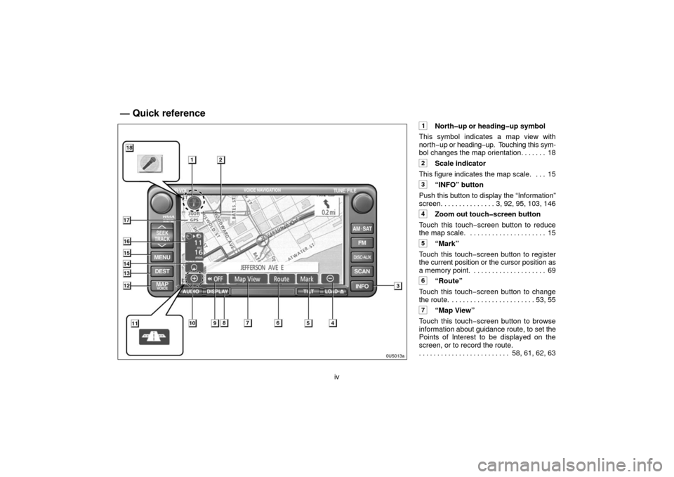 TOYOTA 4RUNNER 2006 N210 / 4.G Navigation Manual iv
1North�up or heading�up symbol
This symbol indicates a map view with
north−up or heading −up.  T ouching this sym-
bol changes the map orientation. 18 . . . . . . 
2Scale indicator
This figure 