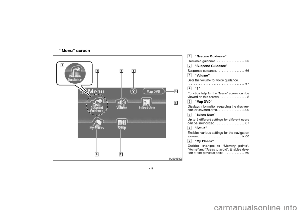 TOYOTA 4RUNNER 2006 N210 / 4.G Navigation Manual viii
1“Resume Guidance”
Resumes guidance 66 . . . . . . . . . . . . . . . . . 
2“Suspend Guidance”
Suspends guidance. 66 . . . . . . . . . . . . . . . . 
3“Volume”
Sets the volume for voic