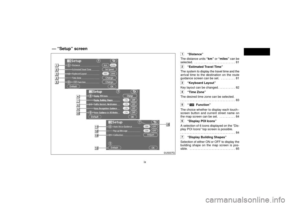 TOYOTA 4RUNNER 2006 N210 / 4.G Navigation Manual ix
1“Distance”
The distance units  “km” or “miles”  can be
selected. 81 . . . . . . . . . . . . . . . . . . . . . . . . . . 
2“Estimated Travel Time”
The system to  display the travel 