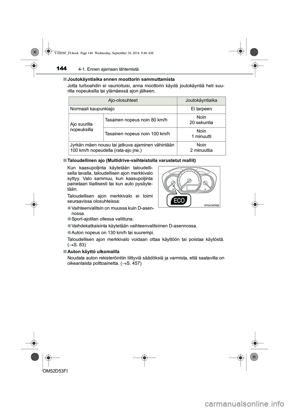 TOYOTA YARIS 2014  Omistajan Käsikirja (in Finnish) 1444-1. Ennen ajamaan lähtemistä
OM52D53FI■
Joutokäyntiaika ennen m oottorin sammuttamista
Jotta turboahdin ei vaurioituisi, anna moottorin käydä joutokäyntiä heti suu-
rilla nopeuksilla tai 