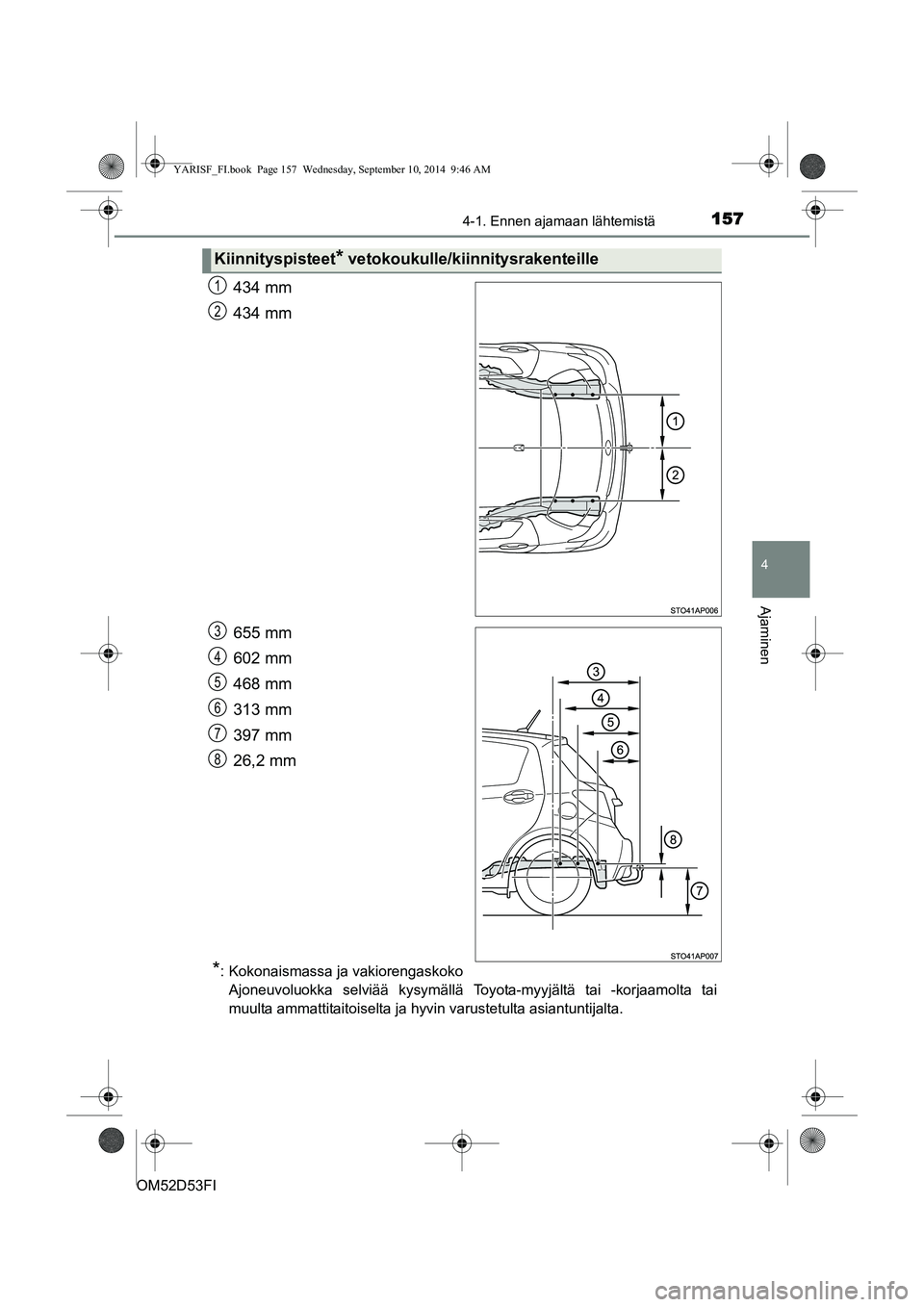 TOYOTA YARIS 2014  Omistajan Käsikirja (in Finnish) 1574-1. Ennen ajamaan lähtemistä
4
Ajaminen
OM52D53FI
434 mm
434 mm
655 mm
602 mm
468 mm
313 mm
397 mm
26,2 mm
*: Kokonaismassa ja vakiorengaskokoAjoneuvoluokka selviää kysymällä Toyota-myyjält