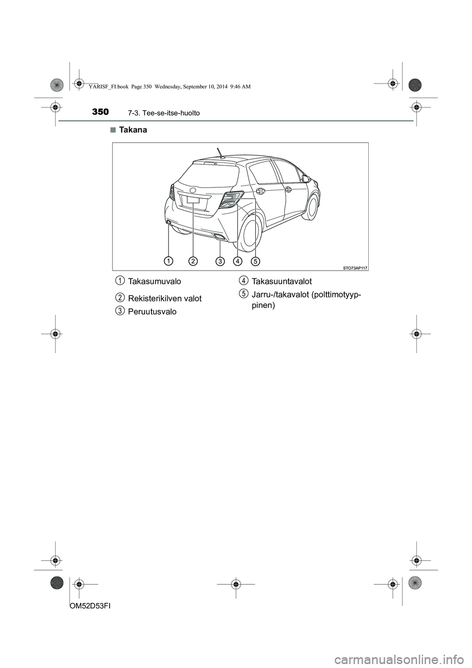 TOYOTA YARIS 2014  Omistajan Käsikirja (in Finnish) 3507-3. Tee-se-itse-huolto
OM52D53FI■
Ta k a n a
Takasumuvalo
Rekisterikilven valot
Peruutusvalo
Takasuuntavalot
Jarru-/takavalot (polttimotyyp-
pinen)1
2
3
4
5
YARISF_FI.book  Page 350  Wednesday, 