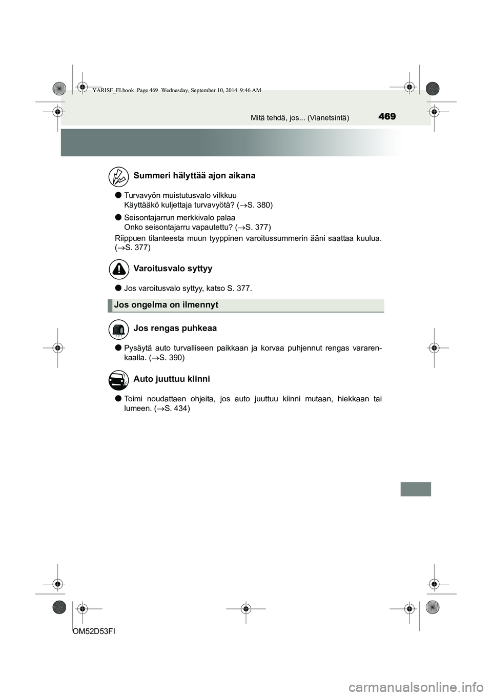 TOYOTA YARIS 2014  Omistajan Käsikirja (in Finnish) 469Mitä tehdä, jos... (Vianetsintä)
OM52D53FI
●Turvavyön muistutusvalo vilkkuu 
Käyttääkö kuljettaja turvavyötä? (→S. 380)
●Seisontajarrun merkkivalo palaa 
Onko seisontajarru vapautet