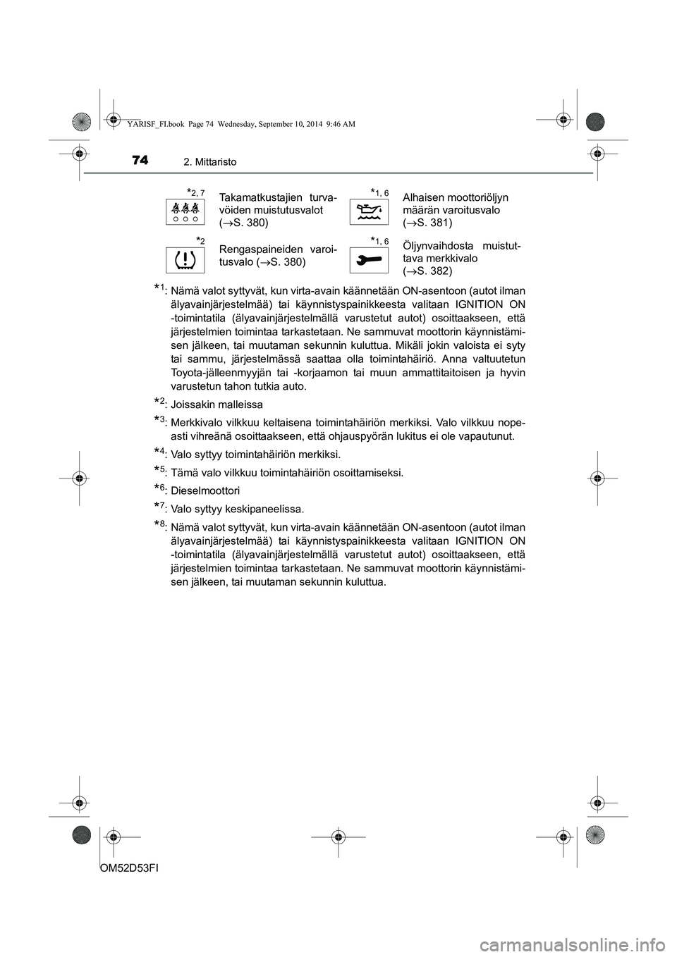 TOYOTA YARIS 2014  Omistajan Käsikirja (in Finnish) 742. Mittaristo
OM52D53FI
*1: Nämä valot syttyvät, kun virta-avain käännetään ON-asentoon (autot ilmanälyavainjärjestelmää) tai käynnistyspainikkeesta valitaan IGNITION ON
-toimintatila (