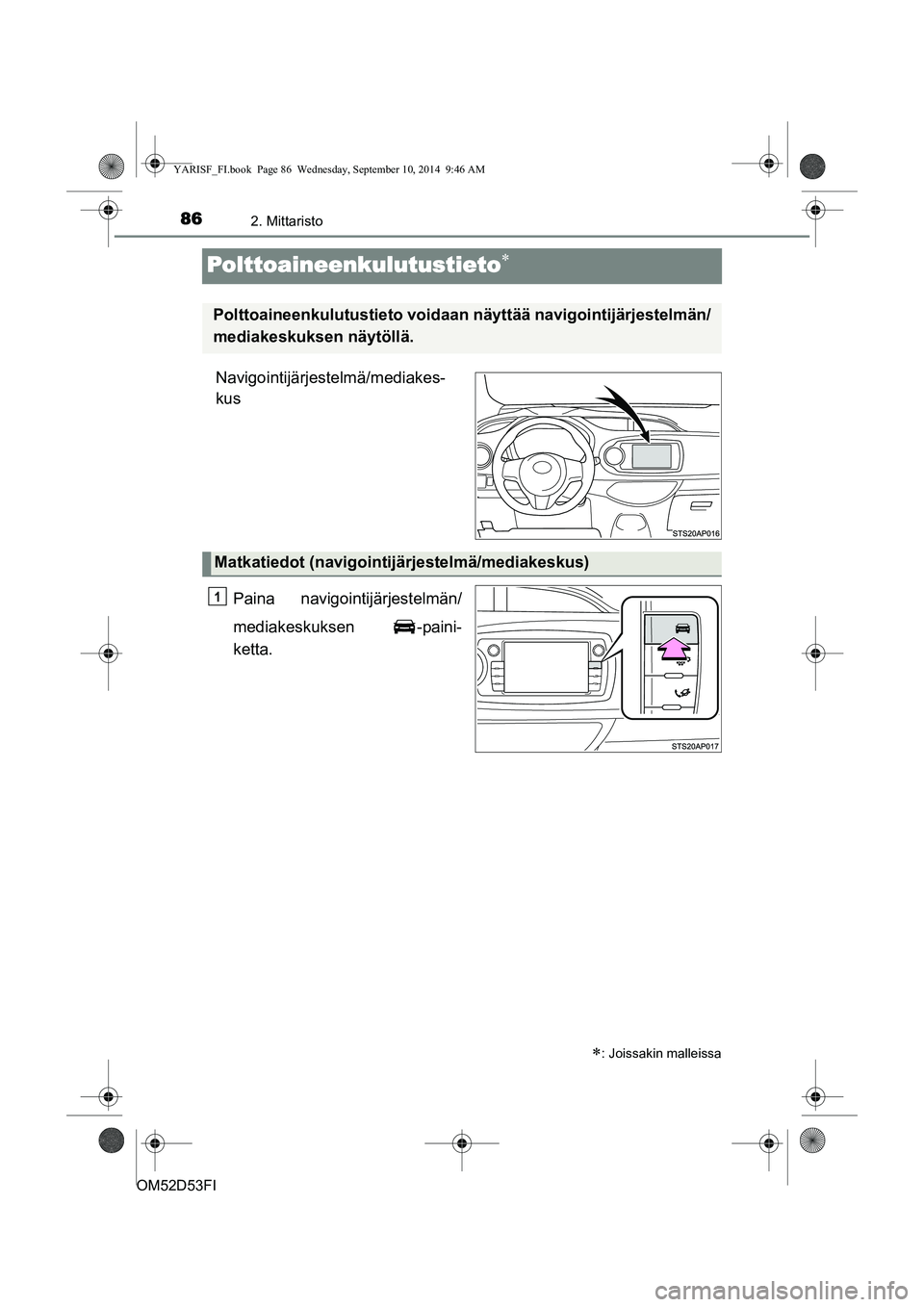 TOYOTA YARIS 2014  Omistajan Käsikirja (in Finnish) 862. Mittaristo
OM52D53FI
Polttoaineenkulutustieto∗
Navigointijärjestelmä/mediakes-
kusPaina navigointijärjestelmän/
mediakeskuksen -paini-
ketta.
∗: Joissakin malleissa
Polttoaineenkulutustie