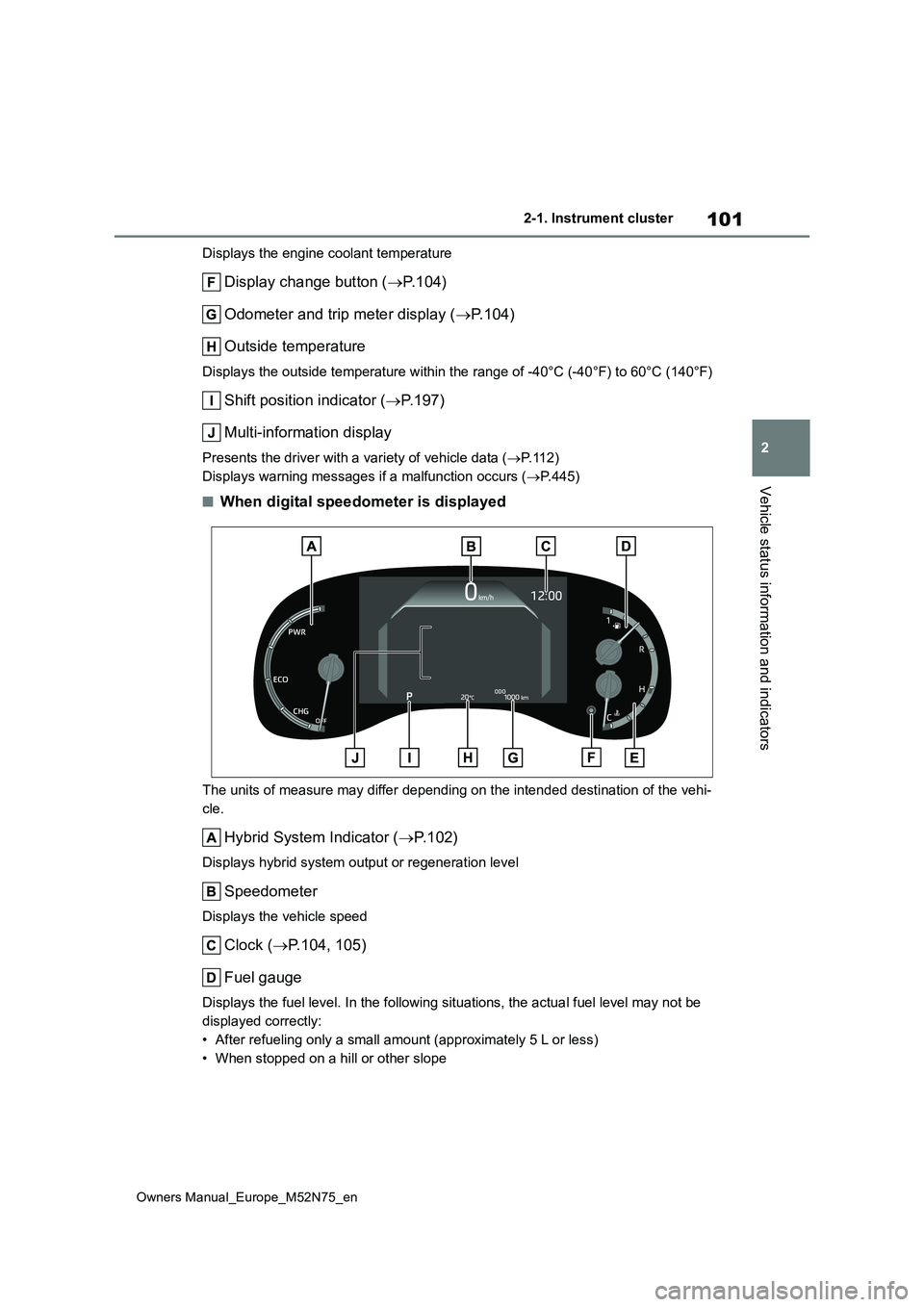 TOYOTA YARIS CROSS 2023 Owners Manual 101
2
Owners Manual_Europe_M52N75_en
2-1. Instrument cluster
Vehicle status information and indicators
Displays the engine coolant temperature
Display change button (P. 1 0 4 )
Odometer and trip m TOYOTA YARIS CROSS 2023 Owners Manual 101
2
Owners Manual_Europe_M52N75_en
2-1. Instrument cluster
Vehicle status information and indicators
Displays the engine coolant temperature
Display change button (P. 1 0 4 )
Odometer and trip m