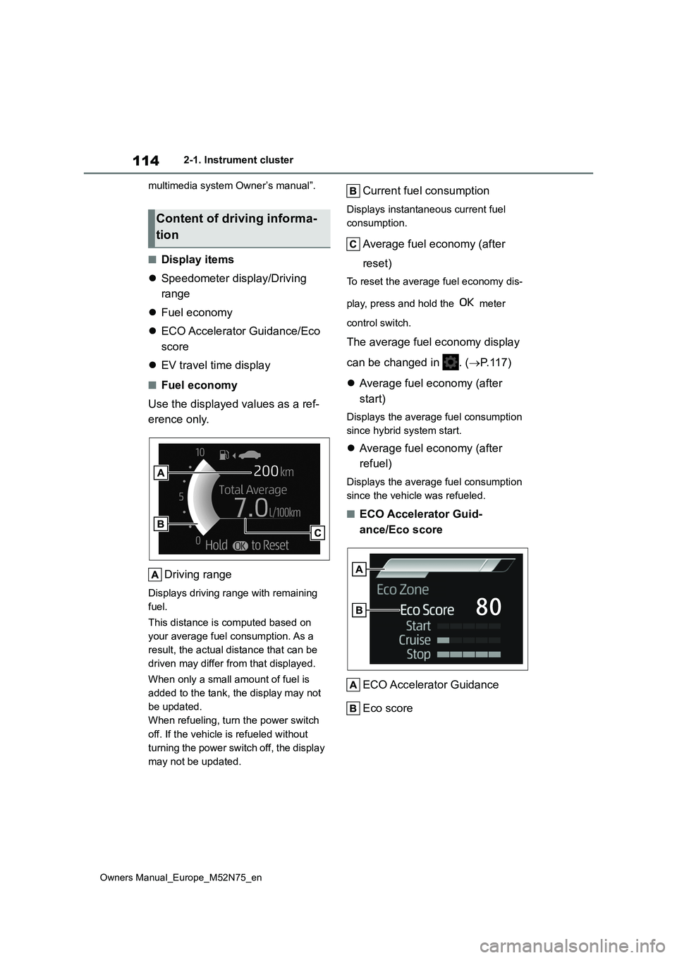 TOYOTA YARIS CROSS 2023 Owners Manual 114
Owners Manual_Europe_M52N75_en
2-1. Instrument cluster
multimedia system Owner’s manual”.
■Display items
Speedometer display/Driving
range
Fuel economy
ECO Accelerator Guid TOYOTA YARIS CROSS 2023 Owners Manual 114
Owners Manual_Europe_M52N75_en
2-1. Instrument cluster
multimedia system Owner’s manual”.
■Display items
Speedometer display/Driving
range
Fuel economy
ECO Accelerator Guid