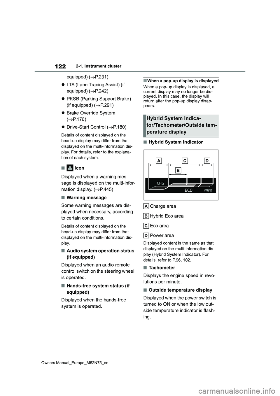 TOYOTA YARIS CROSS 2023  Owners Manual 122
Owners Manual_Europe_M52N75_en
2-1. Instrument cluster
equipped) (P.231) 
 LTA (Lane Tracing Assist) (if  
equipped) ( P.242) 
 PKSB (Parking Support Brake)  
(if equipped) ( P.291)