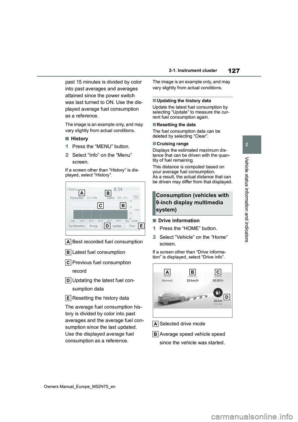 TOYOTA YARIS CROSS 2023 Owners Manual 127
2
Owners Manual_Europe_M52N75_en
2-1. Instrument cluster
Vehicle status information and indicators
past 15 minutes is divided by color
into past averages and averages
attained since the power TOYOTA YARIS CROSS 2023 Owners Manual 127
2
Owners Manual_Europe_M52N75_en
2-1. Instrument cluster
Vehicle status information and indicators
past 15 minutes is divided by color
into past averages and averages
attained since the power