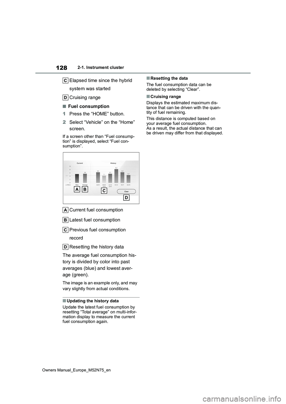 TOYOTA YARIS CROSS 2023 Owners Manual 128
Owners Manual_Europe_M52N75_en
2-1. Instrument cluster
Elapsed time since the hybrid
system was started
Cruising range
■Fuel consumption
1 Press the “HOME” button.
2 Select “Vehicle TOYOTA YARIS CROSS 2023 Owners Manual 128
Owners Manual_Europe_M52N75_en
2-1. Instrument cluster
Elapsed time since the hybrid
system was started
Cruising range
■Fuel consumption
1 Press the “HOME” button.
2 Select “Vehicle