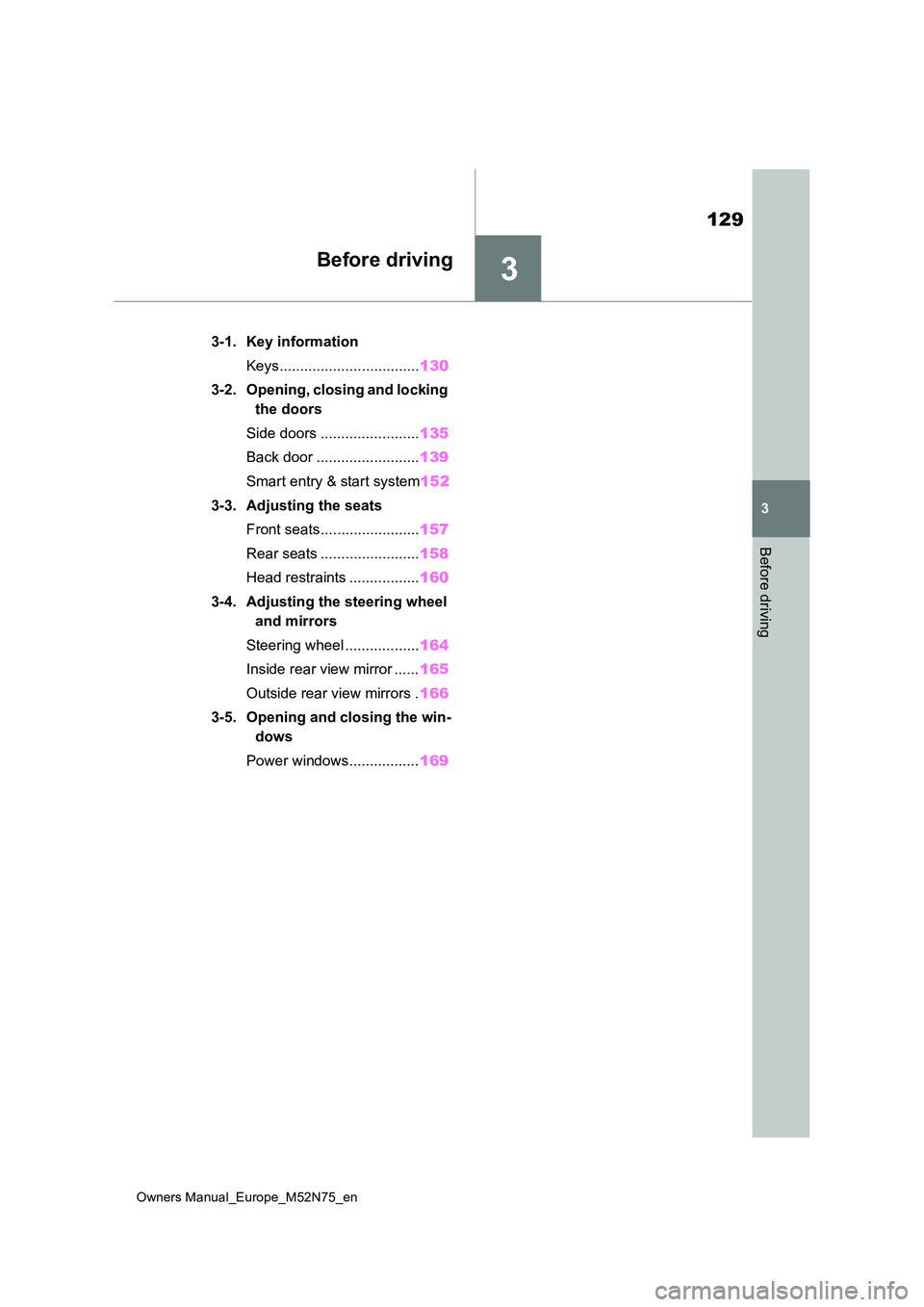TOYOTA YARIS CROSS 2023  Owners Manual 3
129
Owners Manual_Europe_M52N75_en
3
Before driving
Before driving
3-1. Key information 
Keys.................................. 130 
3-2. Opening, closing and locking  
the doors 
Side doors .......