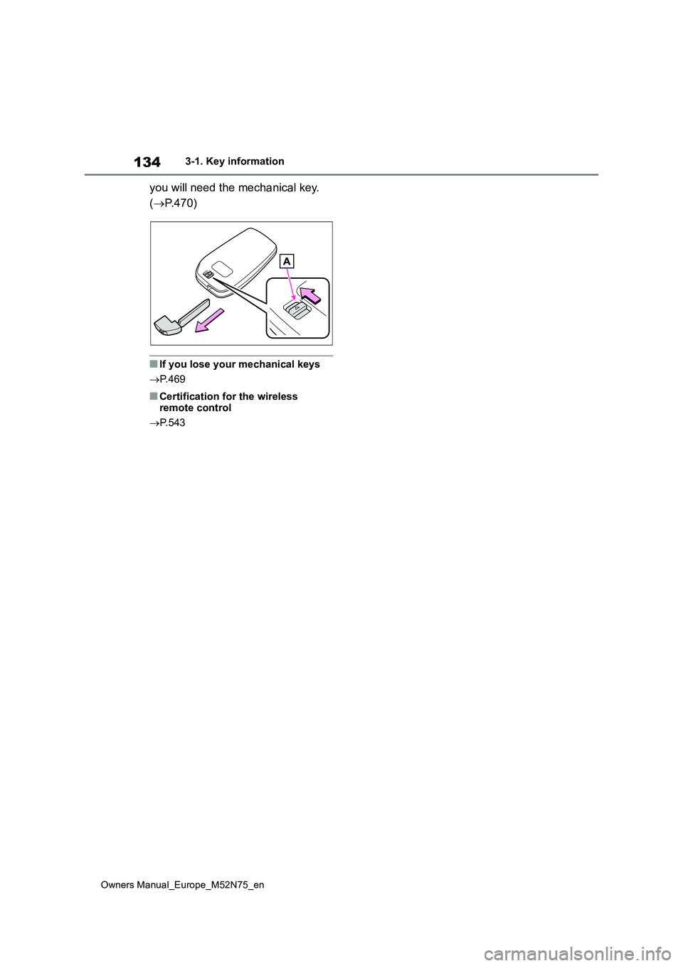 TOYOTA YARIS CROSS 2023  Owners Manual 134
Owners Manual_Europe_M52N75_en
3-1. Key information
you will need the mechanical key.  
( P.470)
■If you lose your mechanical keys 
 P. 4 6 9
■Certification for the wireless  remote cont