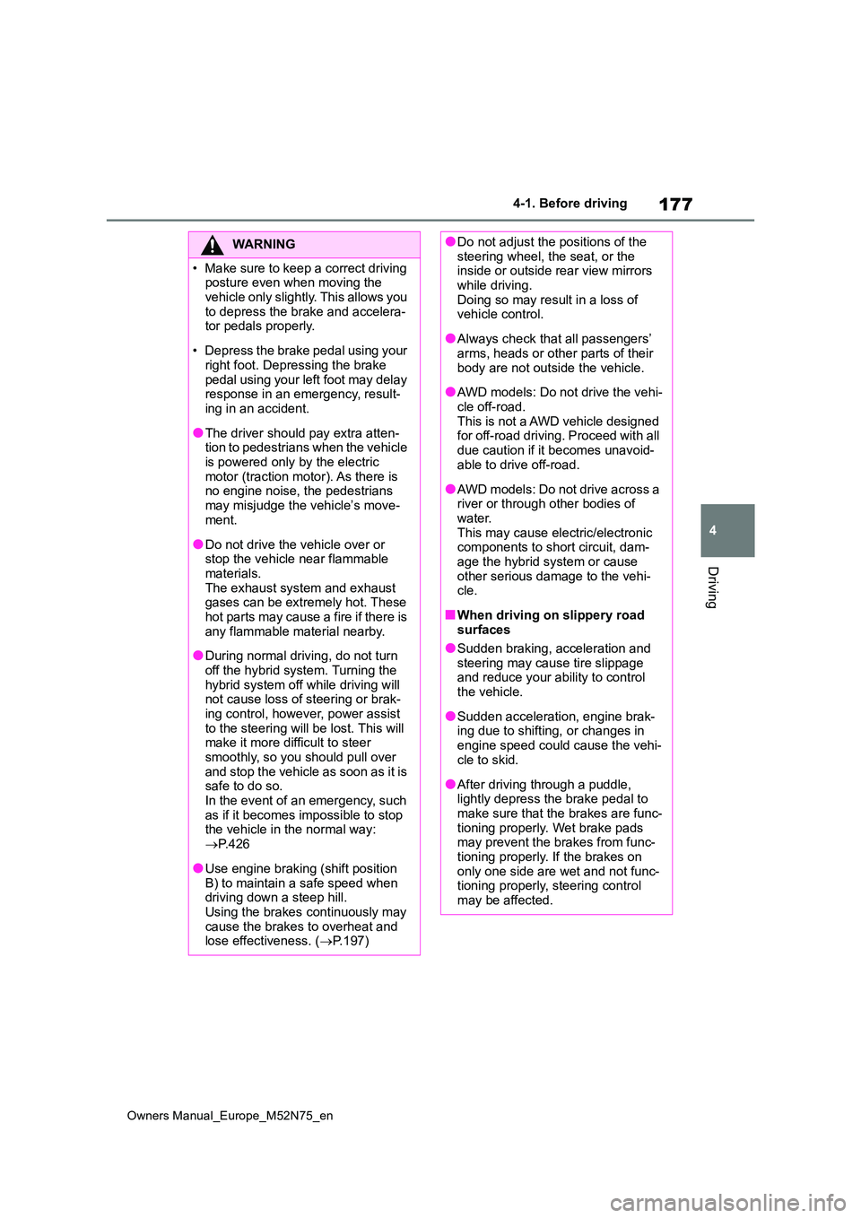 TOYOTA YARIS CROSS 2023  Owners Manual 177
4
Owners Manual_Europe_M52N75_en
4-1. Before driving
Driving
WARNING
�