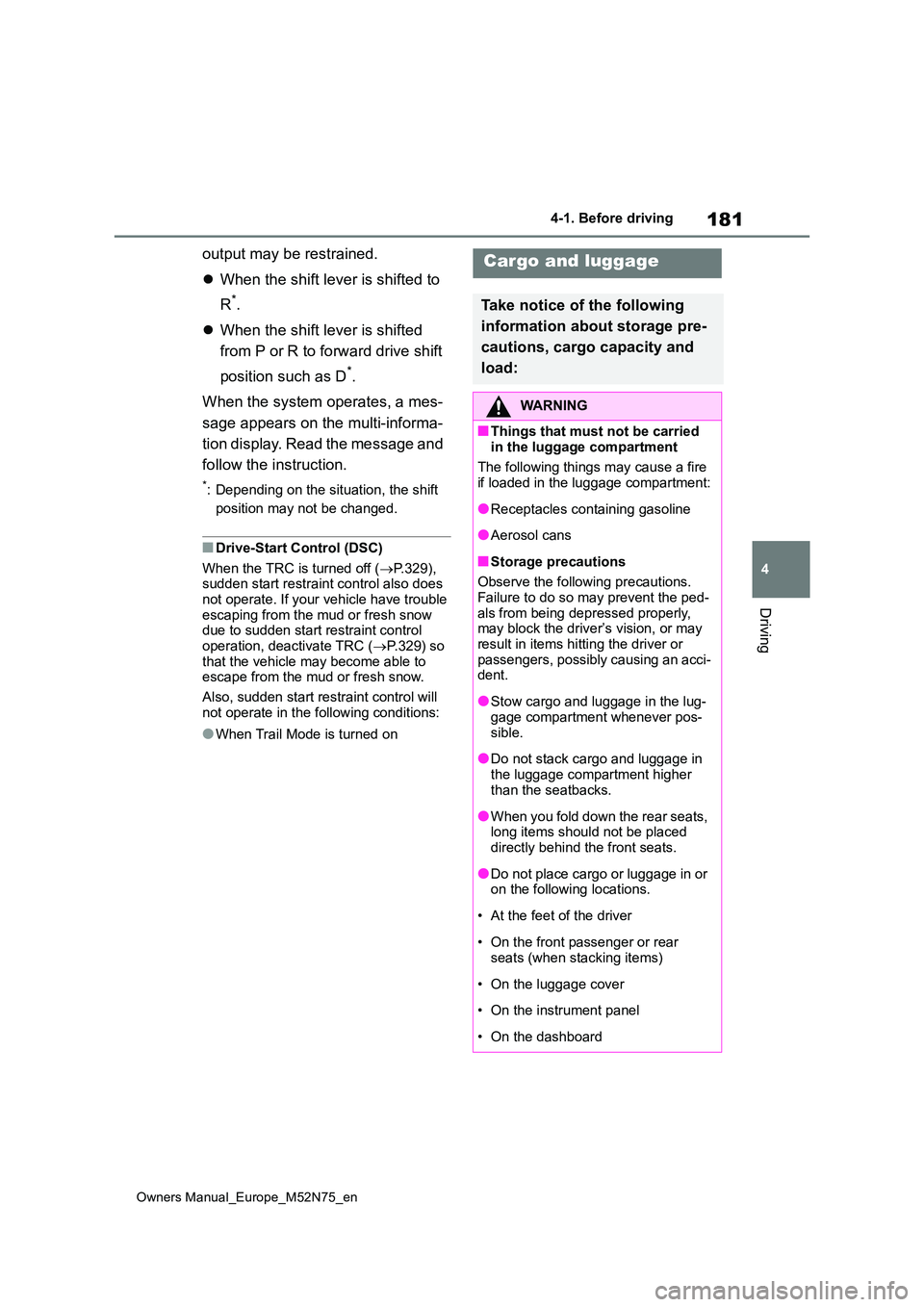 TOYOTA YARIS CROSS 2023 Owners Manual 181
4
Owners Manual_Europe_M52N75_en
4-1. Before driving
Driving
output may be restrained.
When the shift lever is shifted to
R*.
When the shift lever is shifted
from P or R to forward d TOYOTA YARIS CROSS 2023 Owners Manual 181
4
Owners Manual_Europe_M52N75_en
4-1. Before driving
Driving
output may be restrained.
When the shift lever is shifted to
R*.
When the shift lever is shifted
from P or R to forward d