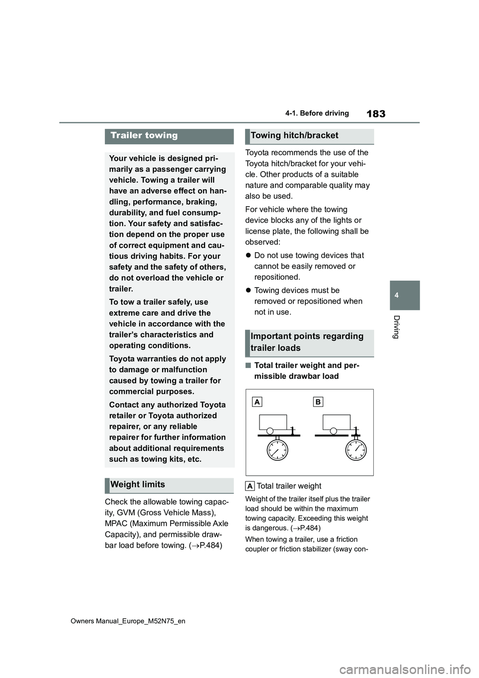 TOYOTA YARIS CROSS 2023  Owners Manual 183
4
Owners Manual_Europe_M52N75_en
4-1. Before driving
Driving
Check the allowable towing capac- 
ity, GVM (Gross Vehicle Mass),  
MPAC (Maximum Permissible Axle  
Capacity), and permissible draw- 
