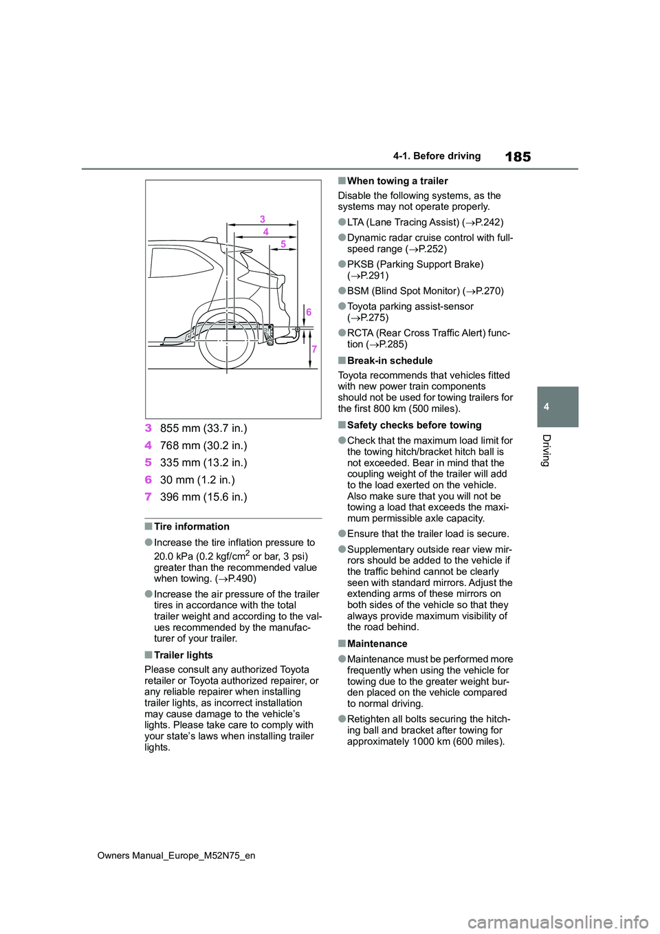 TOYOTA YARIS CROSS 2023 Owners Manual 185
4
Owners Manual_Europe_M52N75_en
4-1. Before driving
Driving3855 mm (33.7 in.)
4 768 mm (30.2 in.)
5 335 mm (13.2 in.)
6 30 mm (1.2 in.)
7 396 mm (15.6 in.)
■Tire information
●Increase the TOYOTA YARIS CROSS 2023 Owners Manual 185
4
Owners Manual_Europe_M52N75_en
4-1. Before driving
Driving3855 mm (33.7 in.)
4 768 mm (30.2 in.)
5 335 mm (13.2 in.)
6 30 mm (1.2 in.)
7 396 mm (15.6 in.)
■Tire information
●Increase the