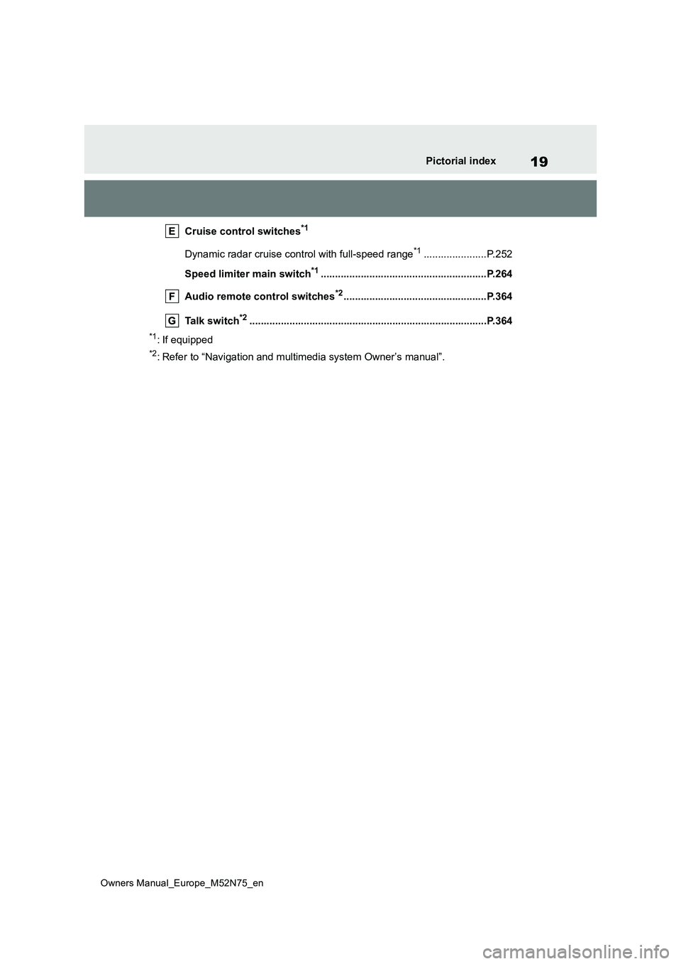 TOYOTA YARIS CROSS 2023  Owners Manual 19
Owners Manual_Europe_M52N75_en
Pictorial index
Cruise control switches*1
Dynamic radar cruise control with full-speed range*1......................P.252 
Speed limiter main switch*1................