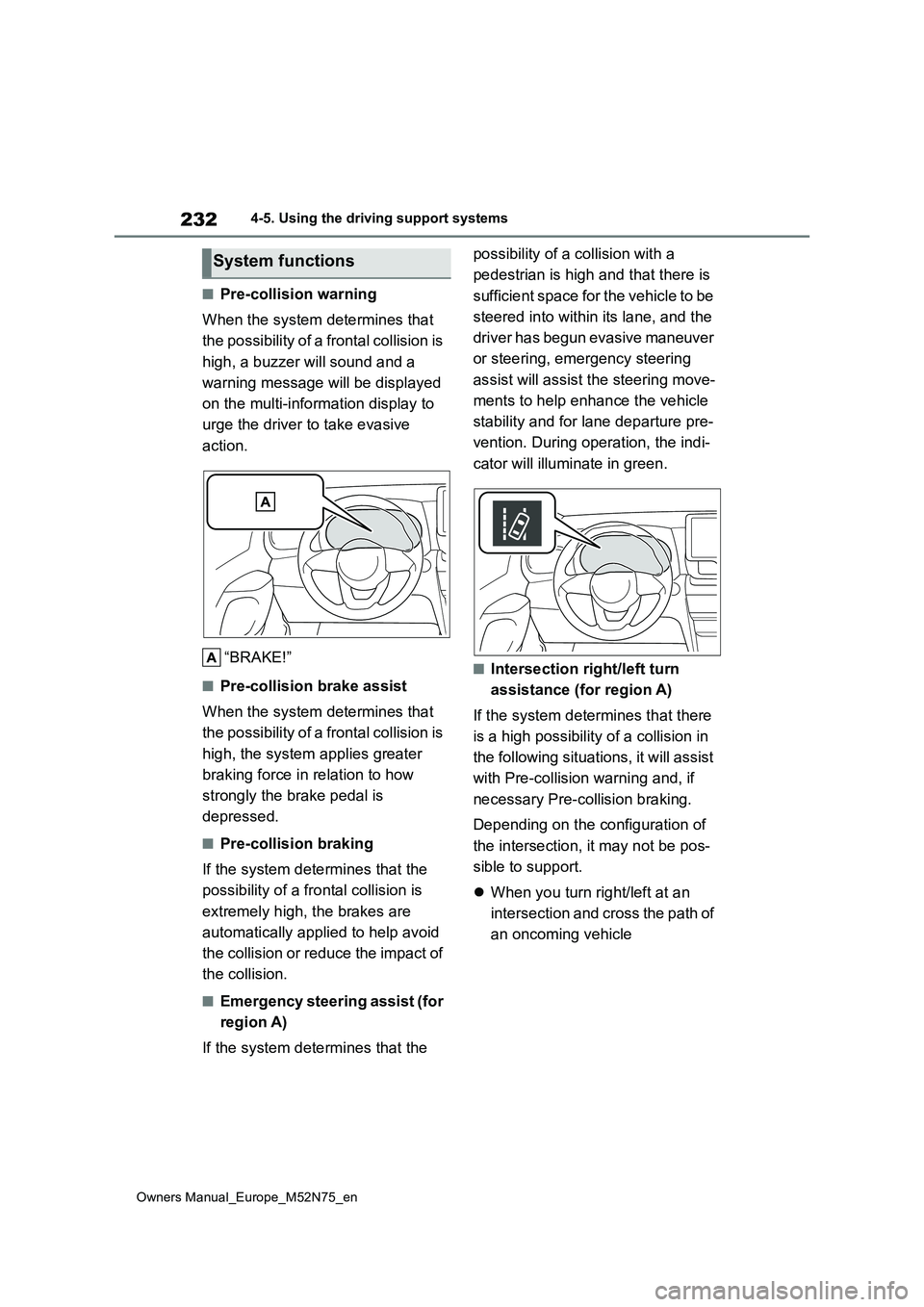 TOYOTA YARIS CROSS 2023 Owners Manual 232
Owners Manual_Europe_M52N75_en
4-5. Using the driving support systems
■Pre-collision warning
When the system determines that
the possibility of a frontal collision is
high, a buzzer will so TOYOTA YARIS CROSS 2023 Owners Manual 232
Owners Manual_Europe_M52N75_en
4-5. Using the driving support systems
■Pre-collision warning
When the system determines that
the possibility of a frontal collision is
high, a buzzer will so