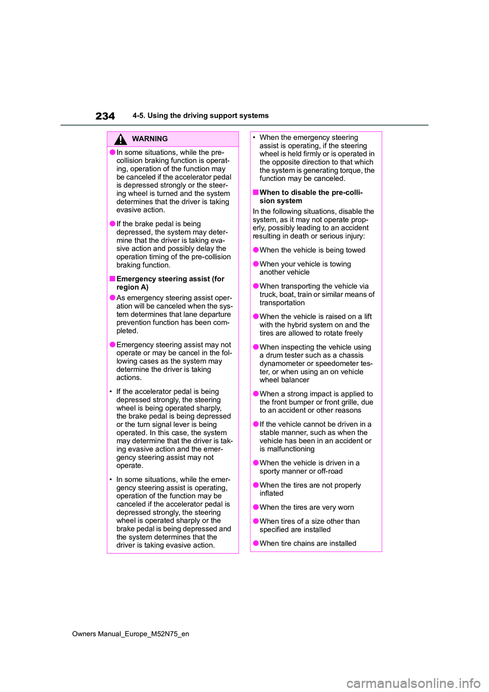 TOYOTA YARIS CROSS 2023 Owners Manual 234
Owners Manual_Europe_M52N75_en
4-5. Using the driving support systems
WARNING
●In some situations, while the pre- collision braking function is operat-
ing, operation of the function may be ca TOYOTA YARIS CROSS 2023 Owners Manual 234
Owners Manual_Europe_M52N75_en
4-5. Using the driving support systems
WARNING
●In some situations, while the pre- collision braking function is operat-
ing, operation of the function may be ca