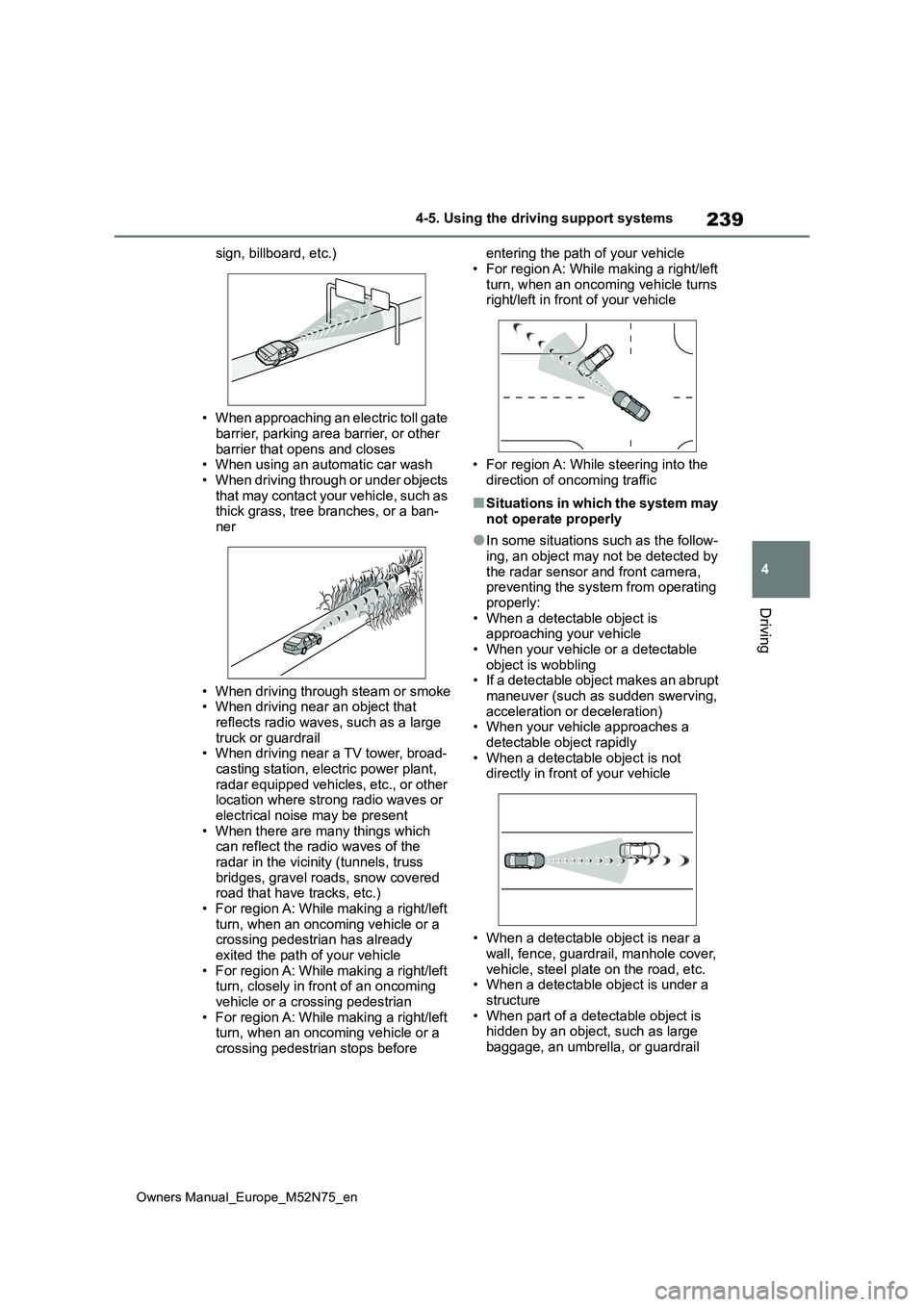 TOYOTA YARIS CROSS 2023 Owners Guide 239
4
Owners Manual_Europe_M52N75_en
4-5. Using the driving support systems
Driving
sign, billboard, etc.)
• When approaching an electric toll gate barrier, parking area barrier, or other
barrie TOYOTA YARIS CROSS 2023 Owners Guide 239
4
Owners Manual_Europe_M52N75_en
4-5. Using the driving support systems
Driving
sign, billboard, etc.)
• When approaching an electric toll gate barrier, parking area barrier, or other
barrie