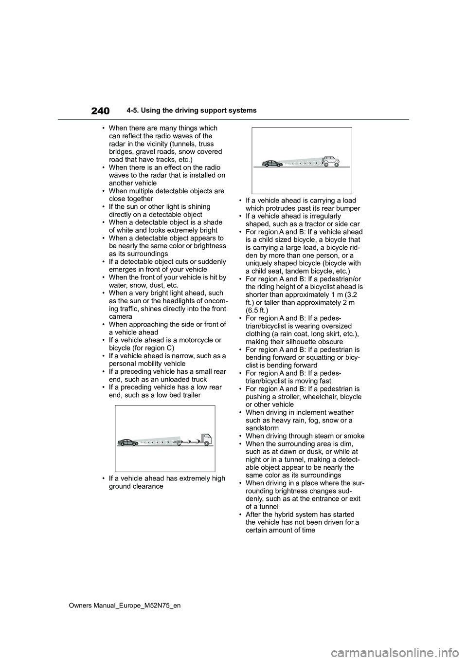 TOYOTA YARIS CROSS 2023  Owners Manual 240
Owners Manual_Europe_M52N75_en
4-5. Using the driving support systems 
• When there are many things which  
can reflect the radio waves of the  radar in the vicinity (tunnels, truss bridges, gra