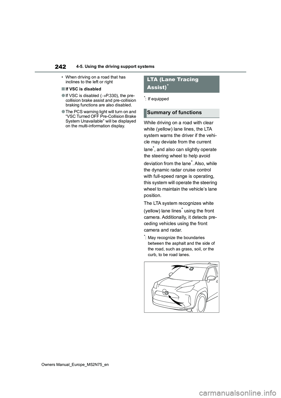TOYOTA YARIS CROSS 2023  Owners Manual 242
Owners Manual_Europe_M52N75_en
4-5. Using the driving support systems 
• When driving on a road that has  
inclines to the left or right
■If VSC is disabled
●If VSC is disabled ( P.330), 