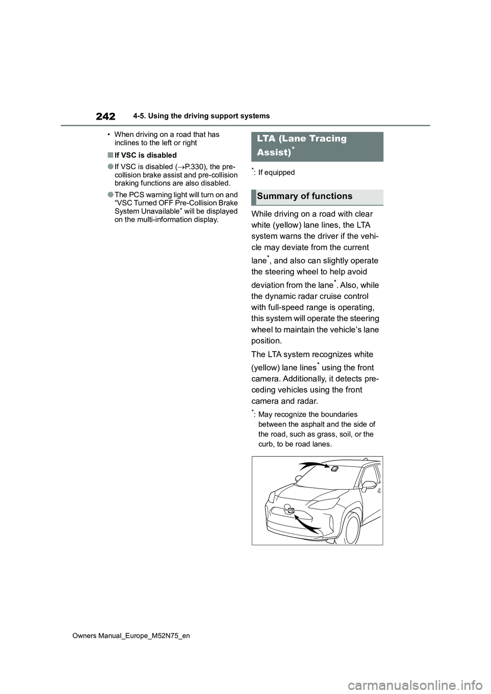 TOYOTA YARIS CROSS 2023 Owners Manual 242
Owners Manual_Europe_M52N75_en
4-5. Using the driving support systems
• When driving on a road that has
inclines to the left or right
■If VSC is disabled
●If VSC is disabled ( P.330), TOYOTA YARIS CROSS 2023 Owners Manual 242
Owners Manual_Europe_M52N75_en
4-5. Using the driving support systems
• When driving on a road that has
inclines to the left or right
■If VSC is disabled
●If VSC is disabled ( P.330),