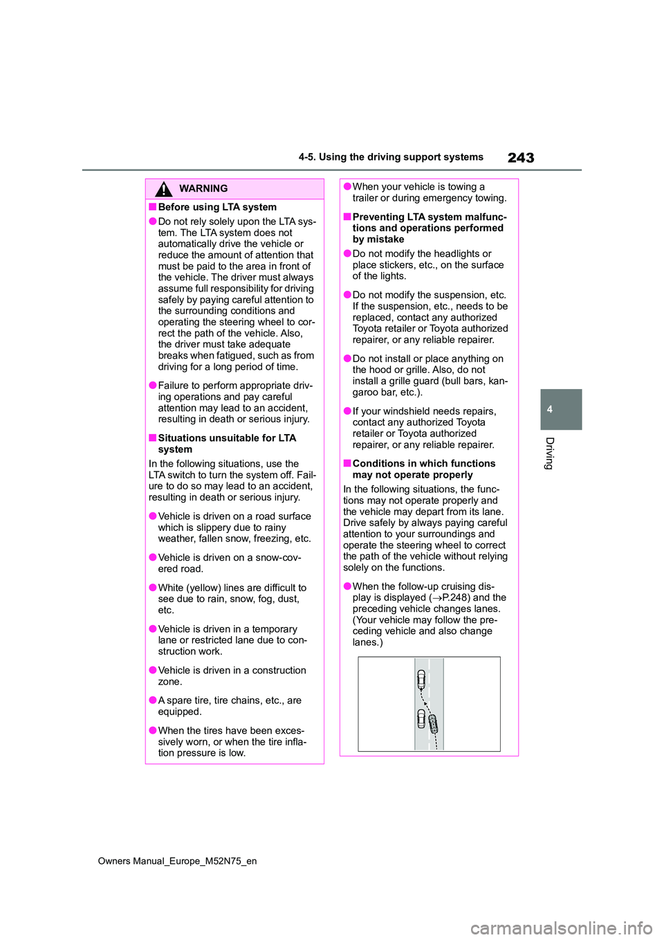 TOYOTA YARIS CROSS 2023 Owners Manual 243
4
Owners Manual_Europe_M52N75_en
4-5. Using the driving support systems
Driving
WARNING
■Before using LTA system
●Do not rely solely upon the LTA sys-
tem. The LTA system does not automatica TOYOTA YARIS CROSS 2023 Owners Manual 243
4
Owners Manual_Europe_M52N75_en
4-5. Using the driving support systems
Driving
WARNING
■Before using LTA system
●Do not rely solely upon the LTA sys-
tem. The LTA system does not automatica