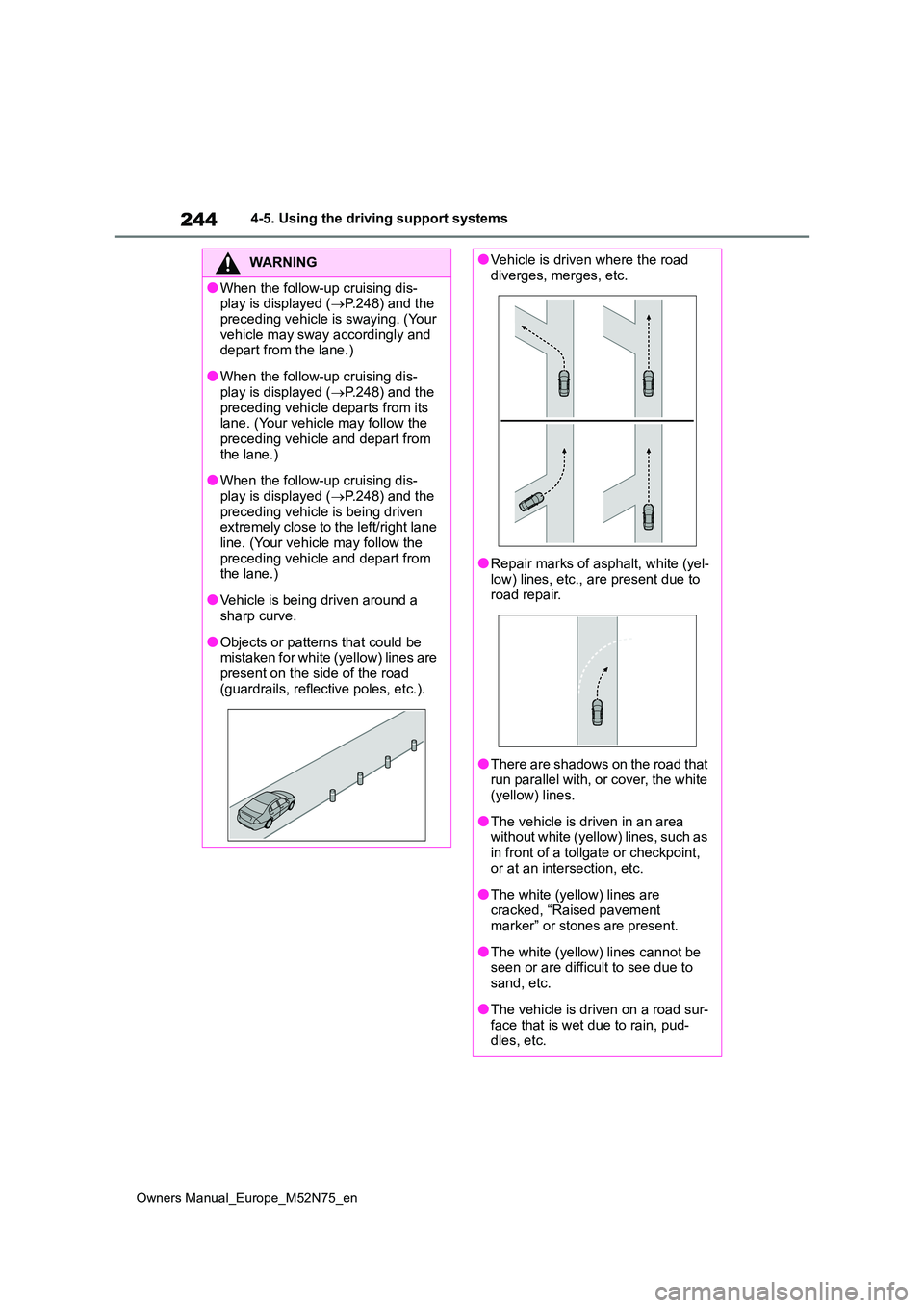 TOYOTA YARIS CROSS 2023 Owners Manual 244
Owners Manual_Europe_M52N75_en
4-5. Using the driving support systems
WARNING
●When the follow-up cruising dis- play is displayed ( P.248) and the
preceding vehicle is swaying. (Your vehic TOYOTA YARIS CROSS 2023 Owners Manual 244
Owners Manual_Europe_M52N75_en
4-5. Using the driving support systems
WARNING
●When the follow-up cruising dis- play is displayed ( P.248) and the
preceding vehicle is swaying. (Your vehic