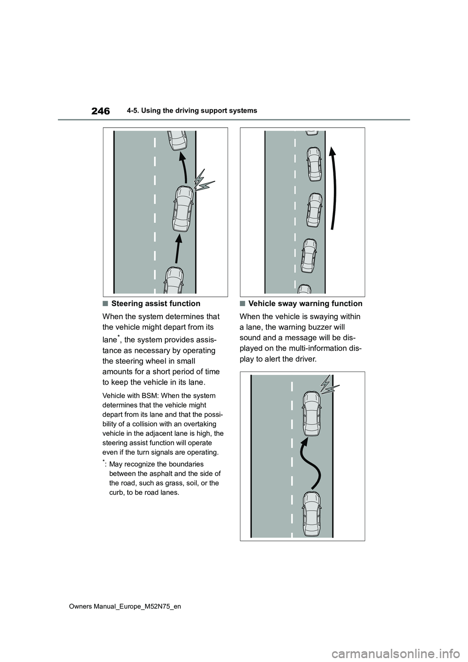 TOYOTA YARIS CROSS 2023 Owners Manual 246
Owners Manual_Europe_M52N75_en
4-5. Using the driving support systems
■Steering assist function
When the system determines that
the vehicle might depart from its
lane*, the system provides TOYOTA YARIS CROSS 2023 Owners Manual 246
Owners Manual_Europe_M52N75_en
4-5. Using the driving support systems
■Steering assist function
When the system determines that
the vehicle might depart from its
lane*, the system provides