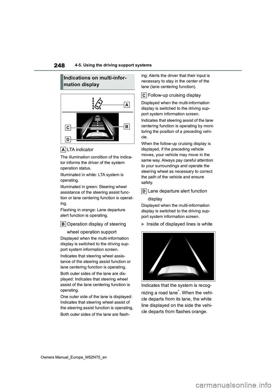 TOYOTA YARIS CROSS 2023 Owners Manual 248
Owners Manual_Europe_M52N75_en
4-5. Using the driving support systems
LTA indicator
The illumination condition of the indica-
tor informs the driver of the system
operation status.
Illuminated TOYOTA YARIS CROSS 2023 Owners Manual 248
Owners Manual_Europe_M52N75_en
4-5. Using the driving support systems
LTA indicator
The illumination condition of the indica-
tor informs the driver of the system
operation status.
Illuminated