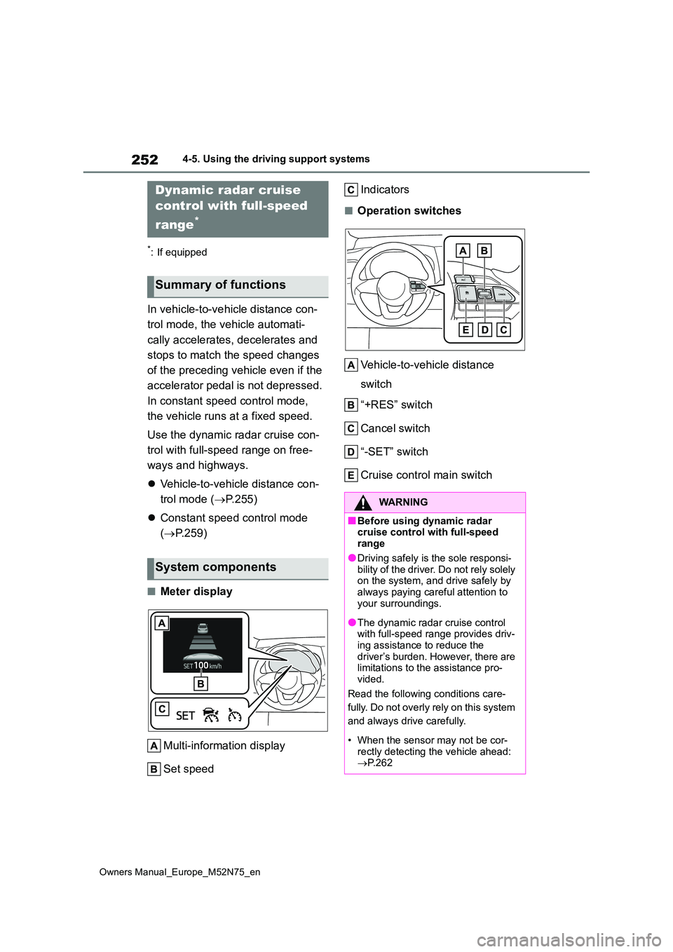 TOYOTA YARIS CROSS 2023 Owners Guide 252
Owners Manual_Europe_M52N75_en
4-5. Using the driving support systems
*: If equipped
In vehicle-to-vehicle distance con-
trol mode, the vehicle automati-
cally accelerates, decelerates and
sto TOYOTA YARIS CROSS 2023 Owners Guide 252
Owners Manual_Europe_M52N75_en
4-5. Using the driving support systems
*: If equipped
In vehicle-to-vehicle distance con-
trol mode, the vehicle automati-
cally accelerates, decelerates and
sto