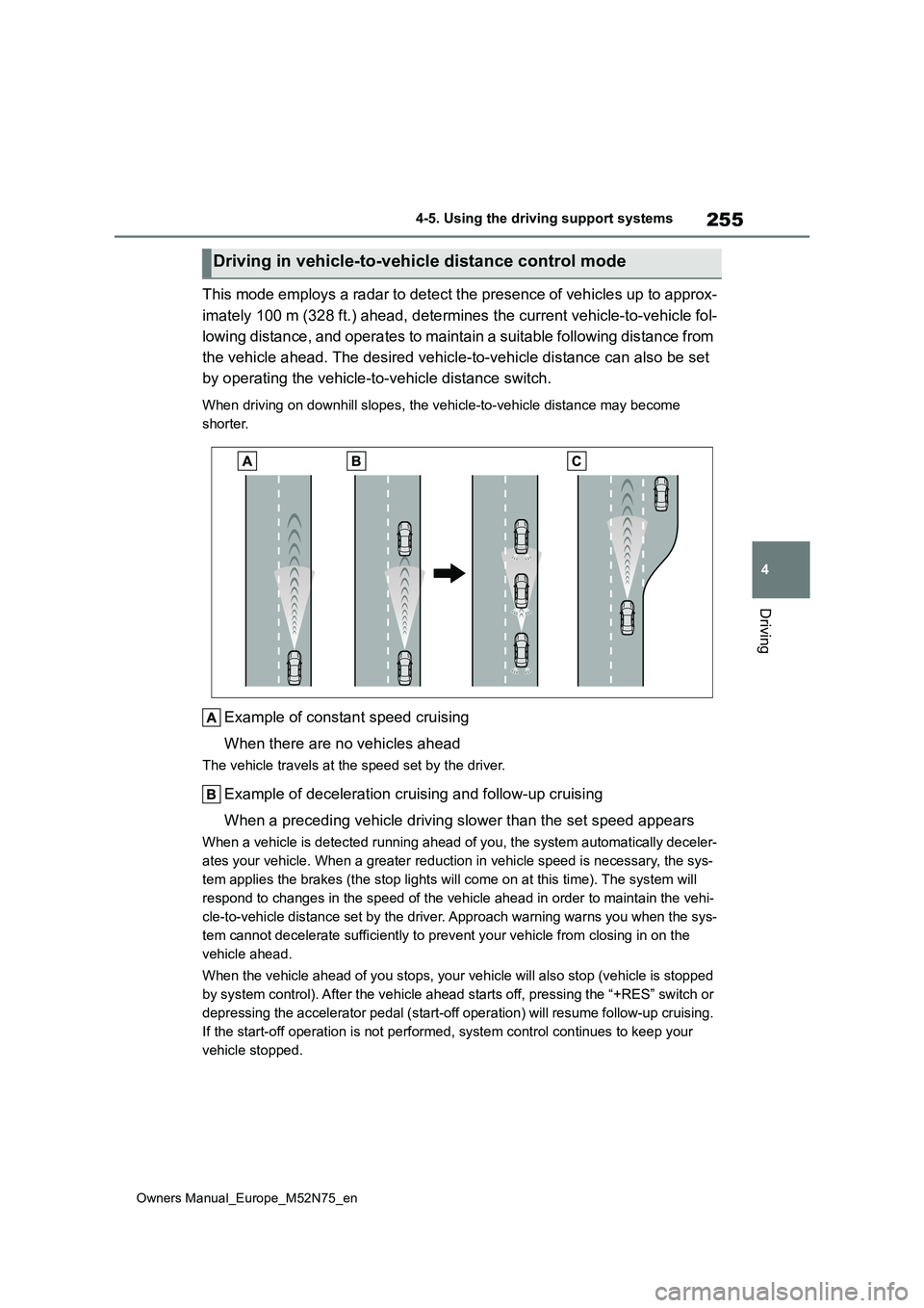 TOYOTA YARIS CROSS 2023  Owners Manual 255
4
Owners Manual_Europe_M52N75_en
4-5. Using the driving support systems
Driving
This mode employs a radar to detect the presence of vehicles up to approx- 
imately 100 m (328 ft.) ahead, d etermin