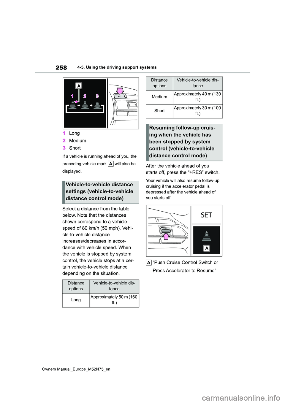 TOYOTA YARIS CROSS 2023  Owners Manual 258
Owners Manual_Europe_M52N75_en
4-5. Using the driving support systems
1Long 
2 Medium 
3 Short
If a vehicle is running ahead of you, the  
preceding vehicle mark   will also be  
displayed.
Select