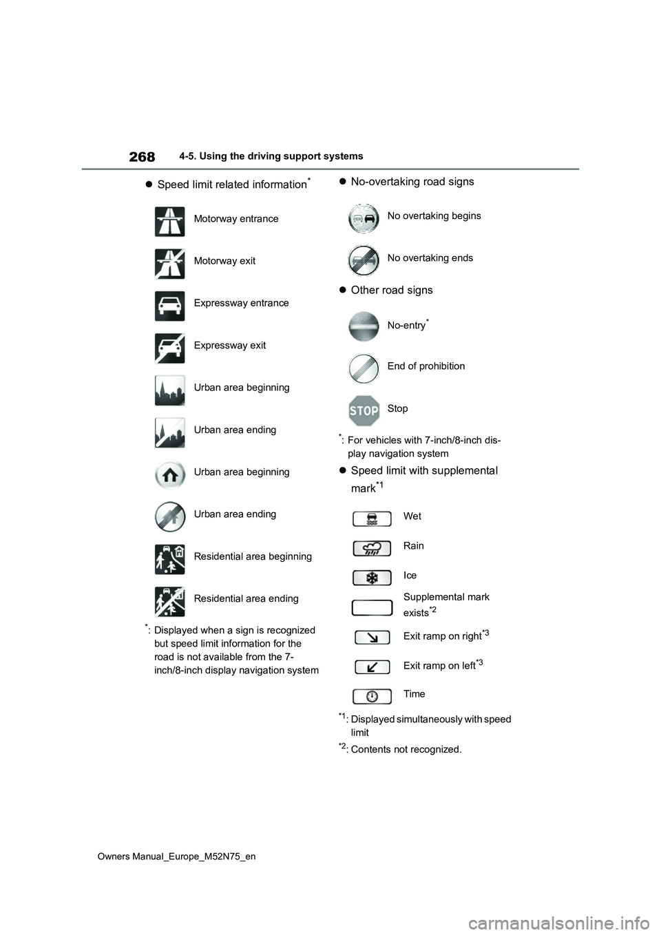 TOYOTA YARIS CROSS 2023 Owners Manual 268
Owners Manual_Europe_M52N75_en
4-5. Using the driving support systems
Speed limit related information*
*: Displayed when a sign is recognized
but speed limit information for the
road is not TOYOTA YARIS CROSS 2023 Owners Manual 268
Owners Manual_Europe_M52N75_en
4-5. Using the driving support systems
Speed limit related information*
*: Displayed when a sign is recognized
but speed limit information for the
road is not
