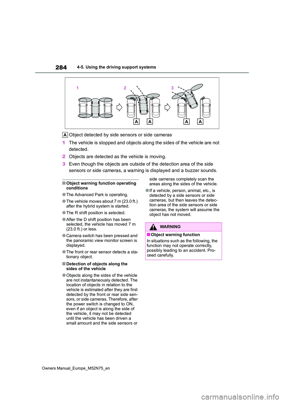 TOYOTA YARIS CROSS 2023 Workshop Manual 284
Owners Manual_Europe_M52N75_en
4-5. Using the driving support systems
Object detected by side sensors or side cameras
1 The vehicle is stopped and objects along the sides of the vehicle are not TOYOTA YARIS CROSS 2023 Workshop Manual 284
Owners Manual_Europe_M52N75_en
4-5. Using the driving support systems
Object detected by side sensors or side cameras
1 The vehicle is stopped and objects along the sides of the vehicle are not