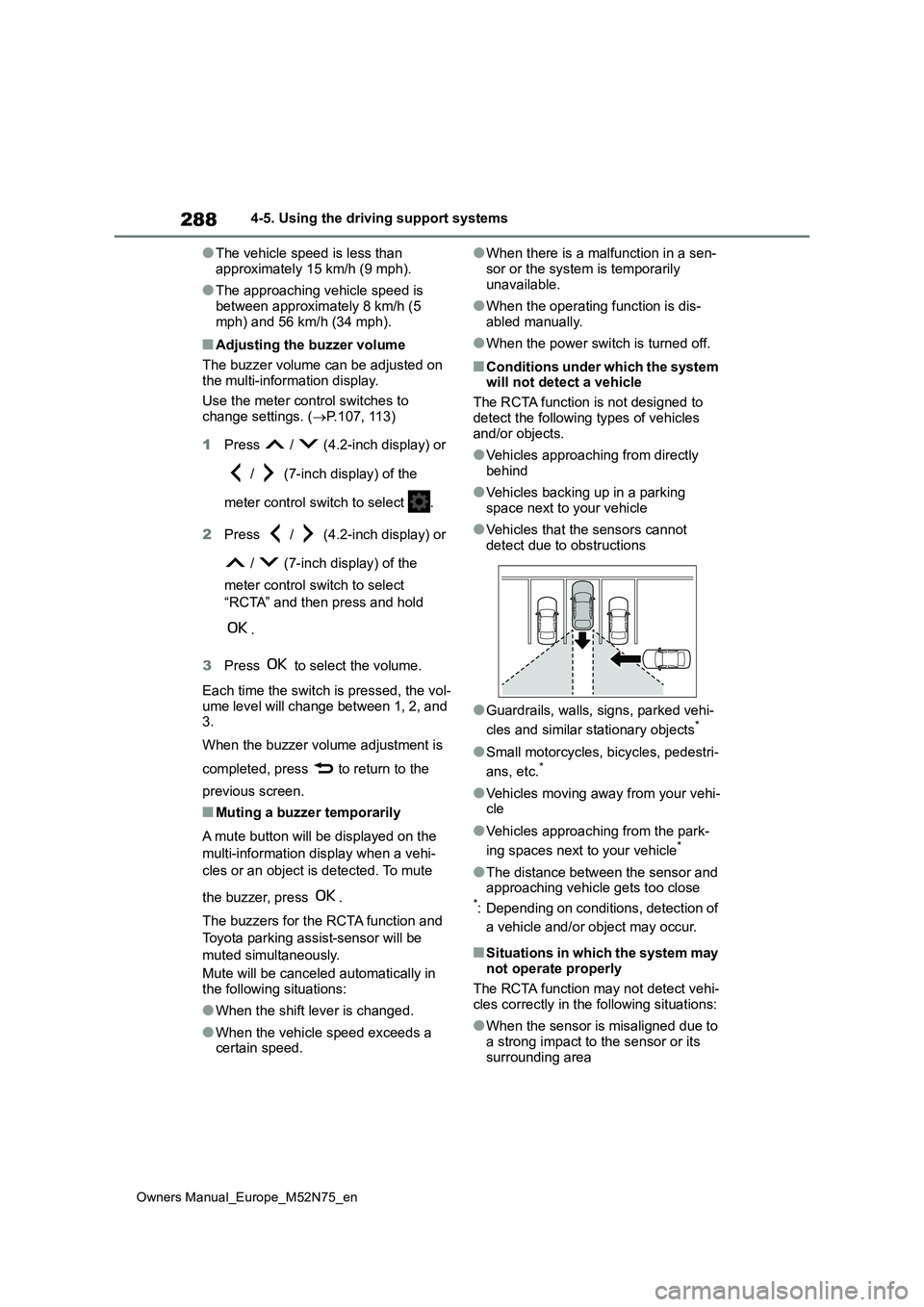 TOYOTA YARIS CROSS 2023 Workshop Manual 288
Owners Manual_Europe_M52N75_en
4-5. Using the driving support systems
●The vehicle speed is less than
approximately 15 km/h (9 mph).
●The approaching vehicle speed is
between approximately TOYOTA YARIS CROSS 2023 Workshop Manual 288
Owners Manual_Europe_M52N75_en
4-5. Using the driving support systems
●The vehicle speed is less than
approximately 15 km/h (9 mph).
●The approaching vehicle speed is
between approximately